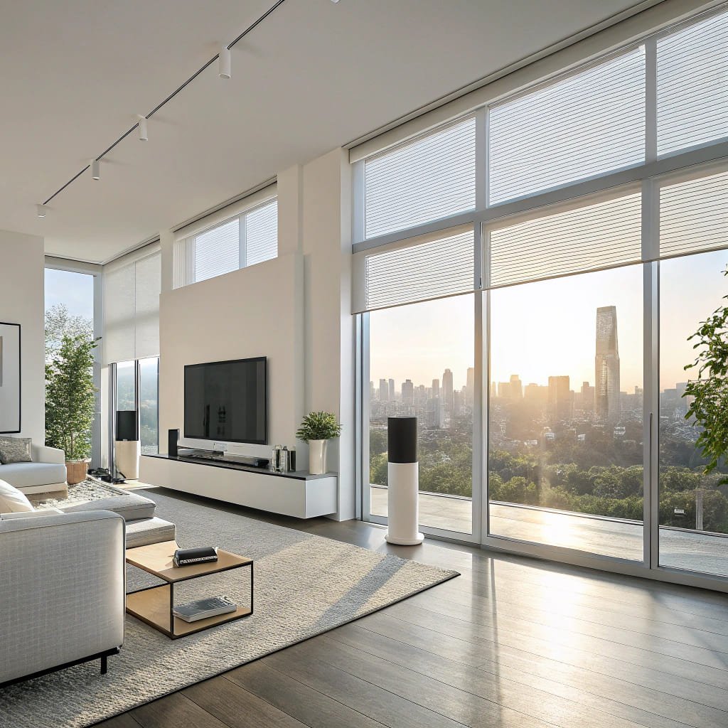 Modern living room with blinds, showcasing ambient city view at sunset