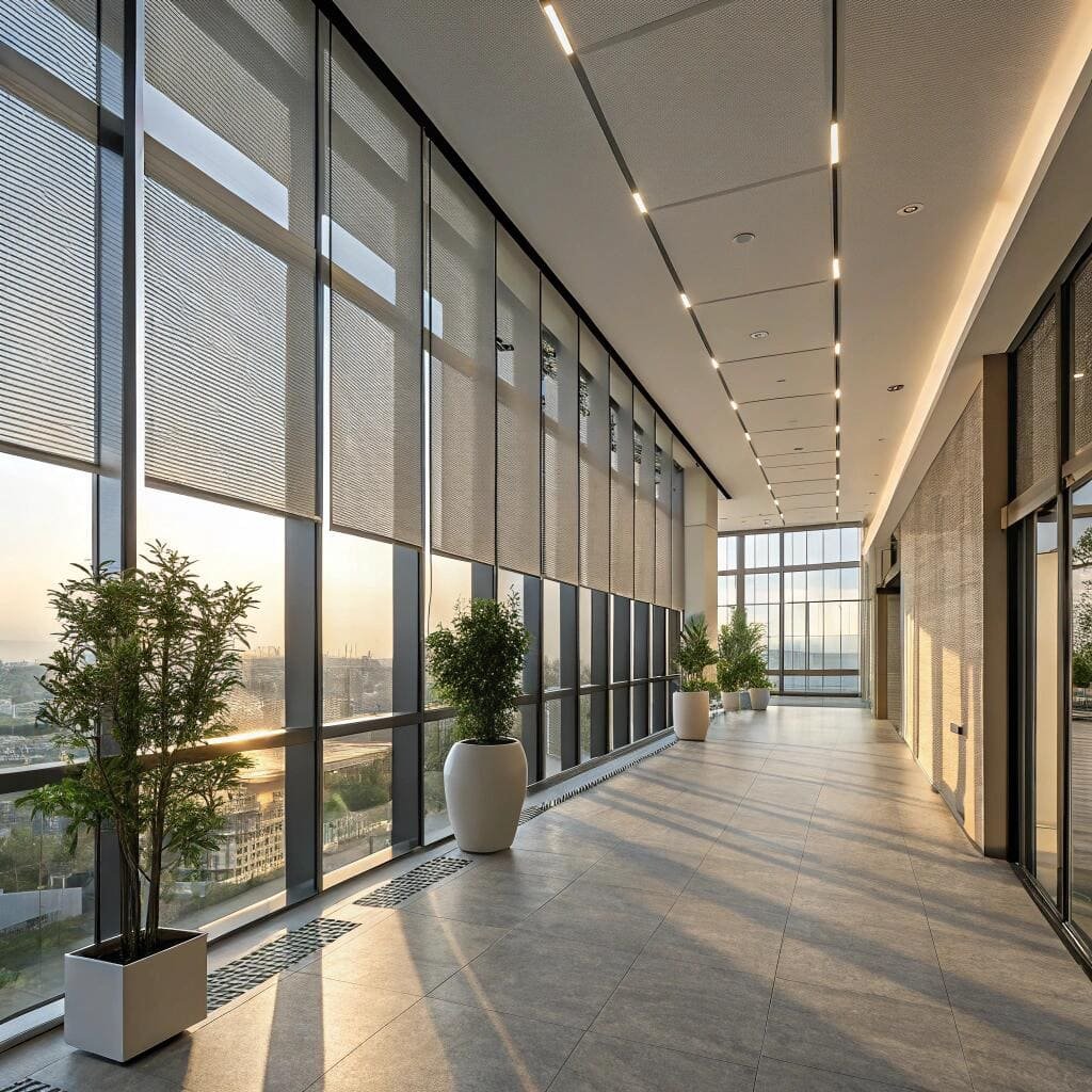 Modern corridor with large windows and mesh blinds at sunset