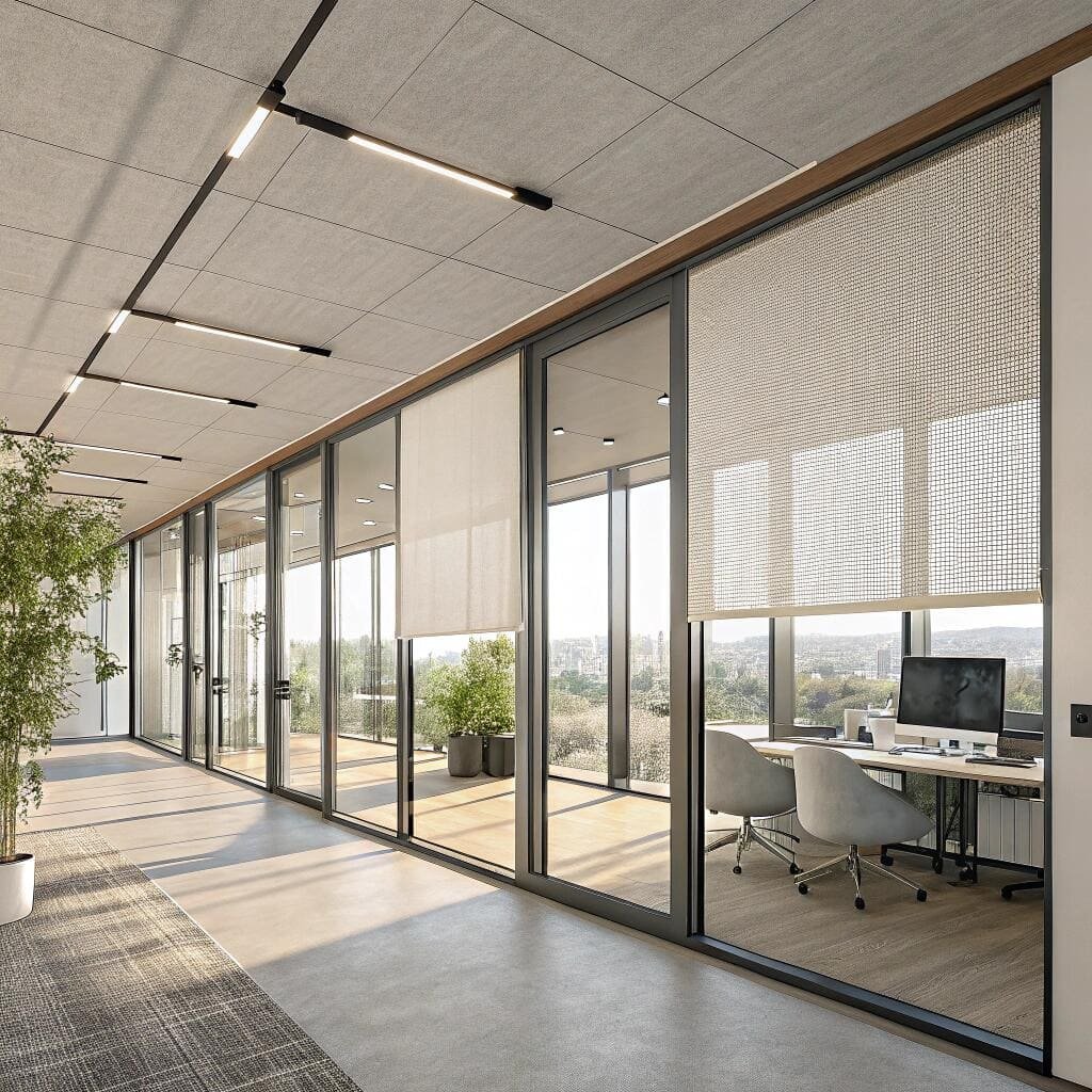 Modern office corridor with glass walls and roller blinds