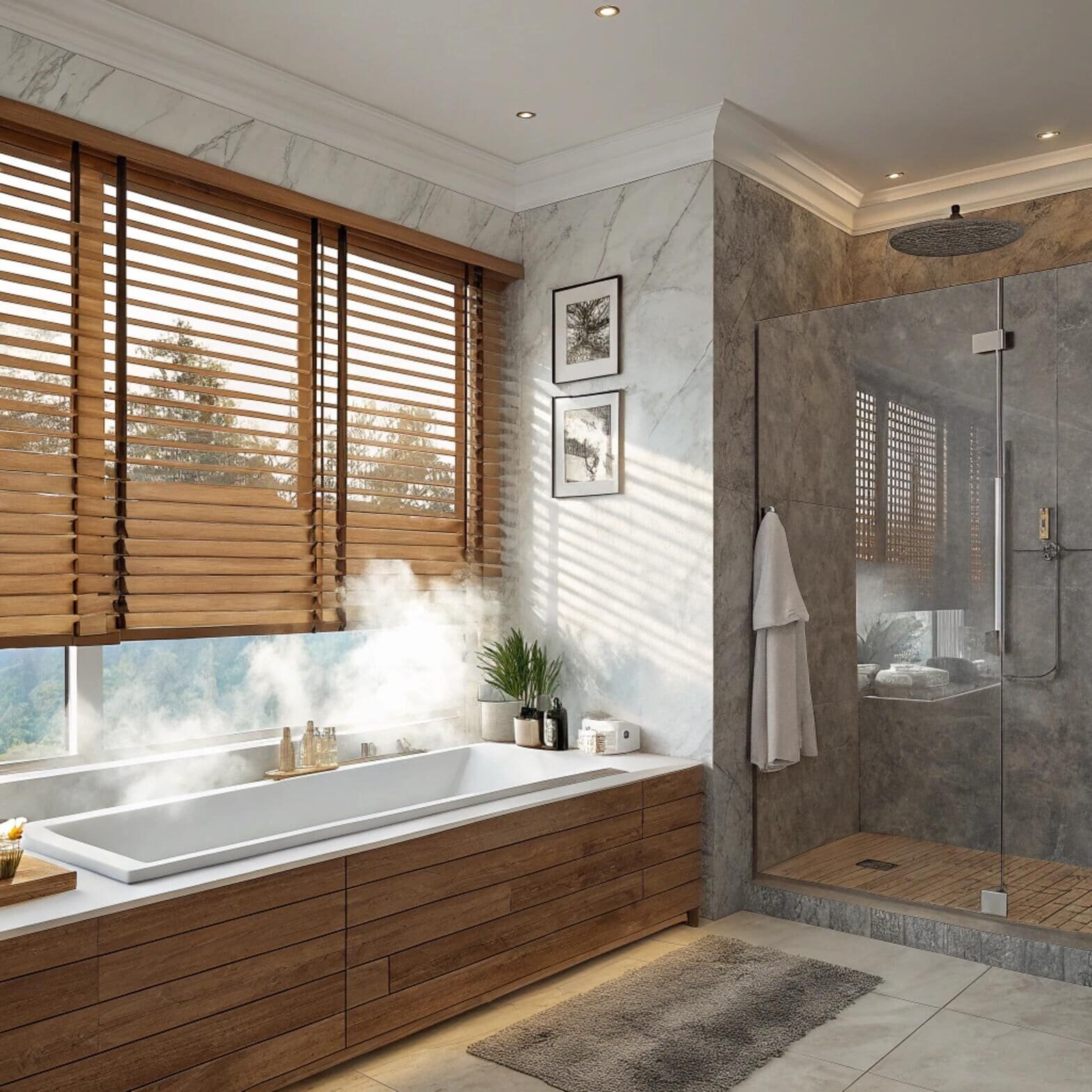 Bathroom with steam, wood blinds, and modern interior