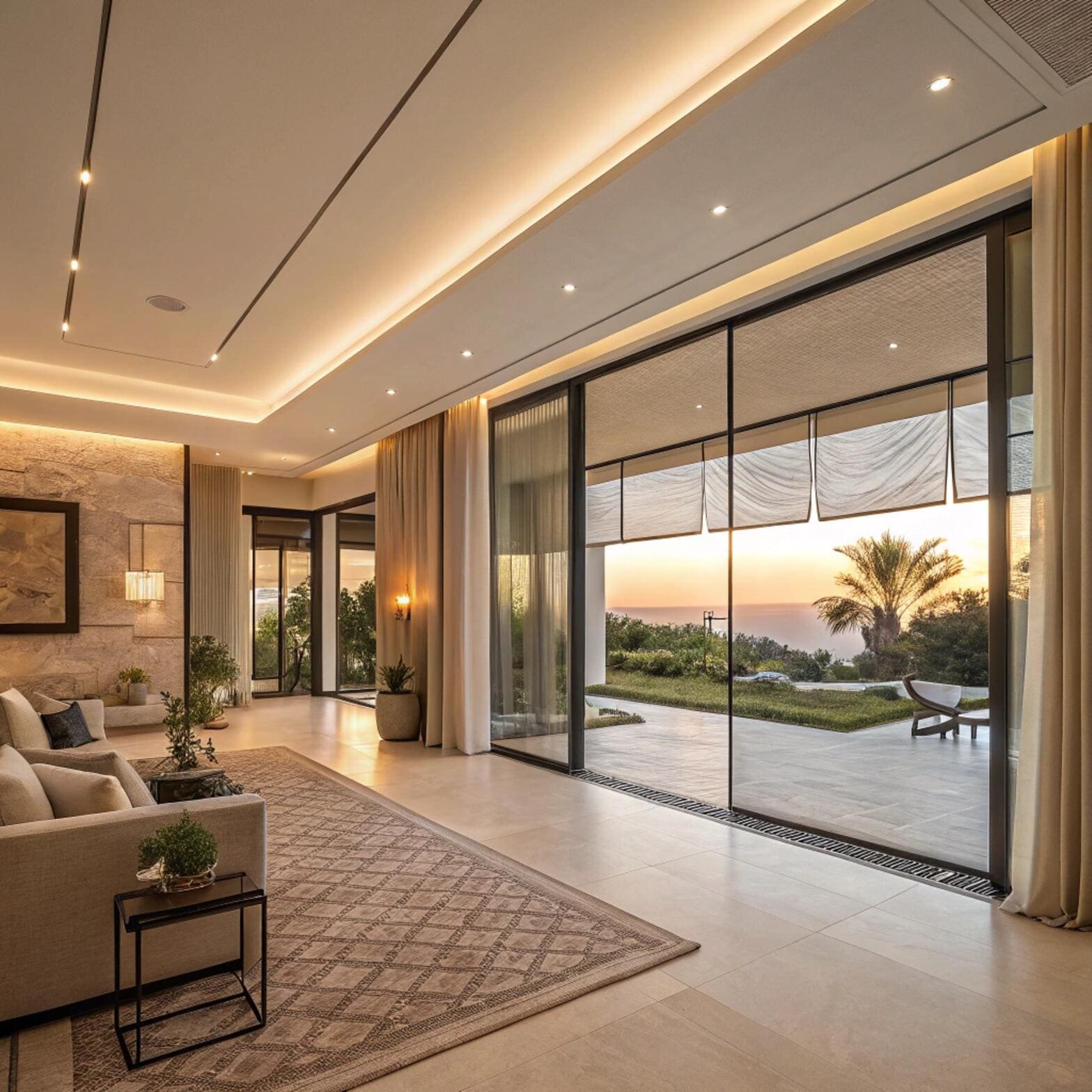 Modern living room with curtains and roman blinds at sunset