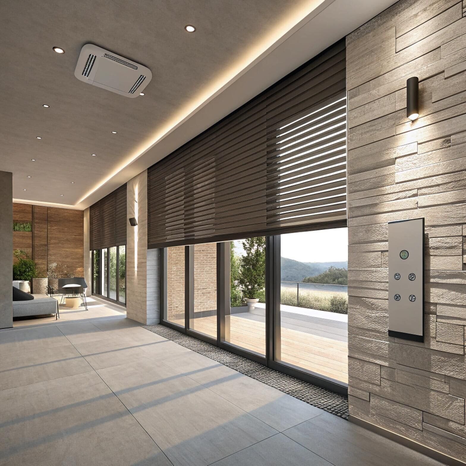 Modern living room with smart motorized venetian blinds