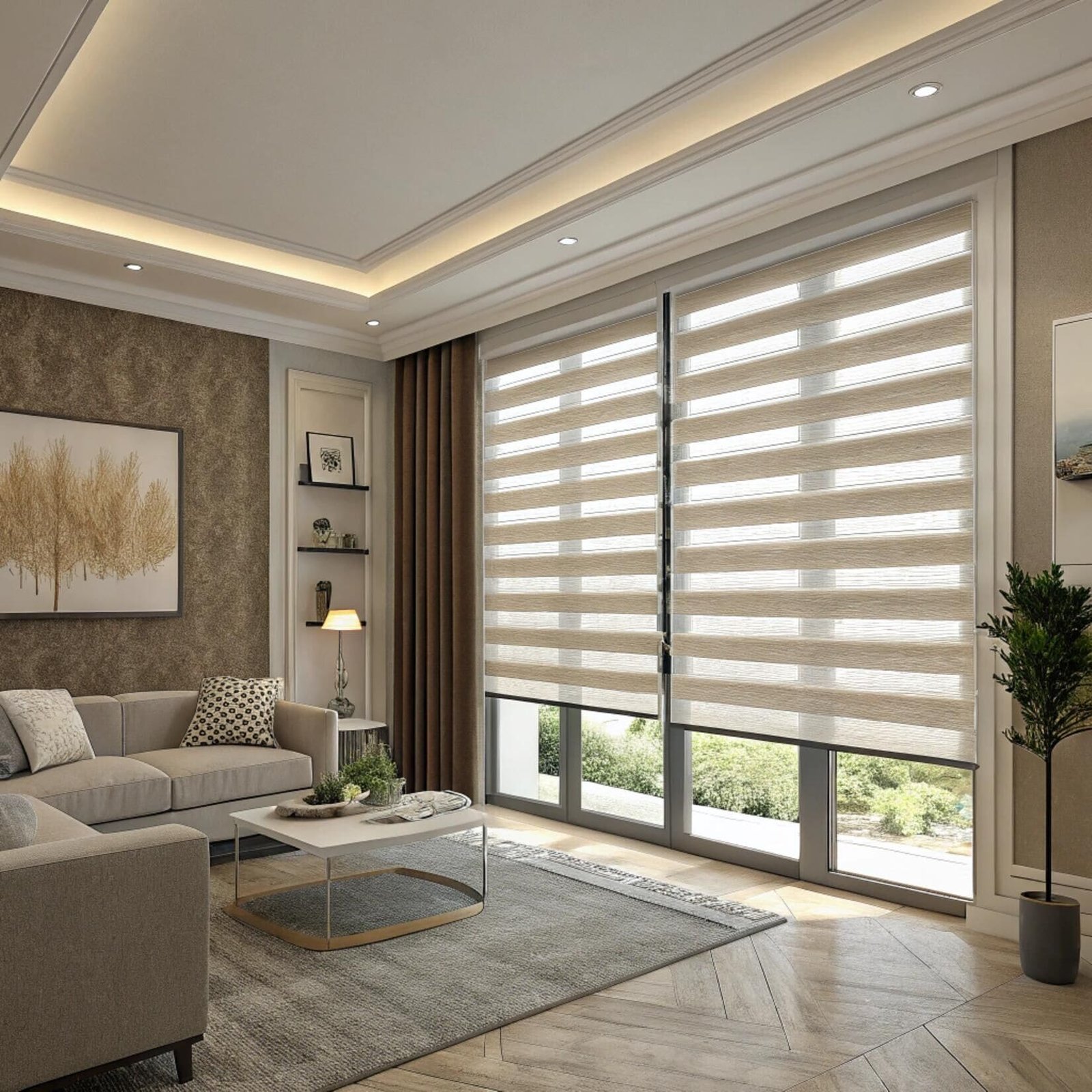 Living room with zebra roller shades for light control