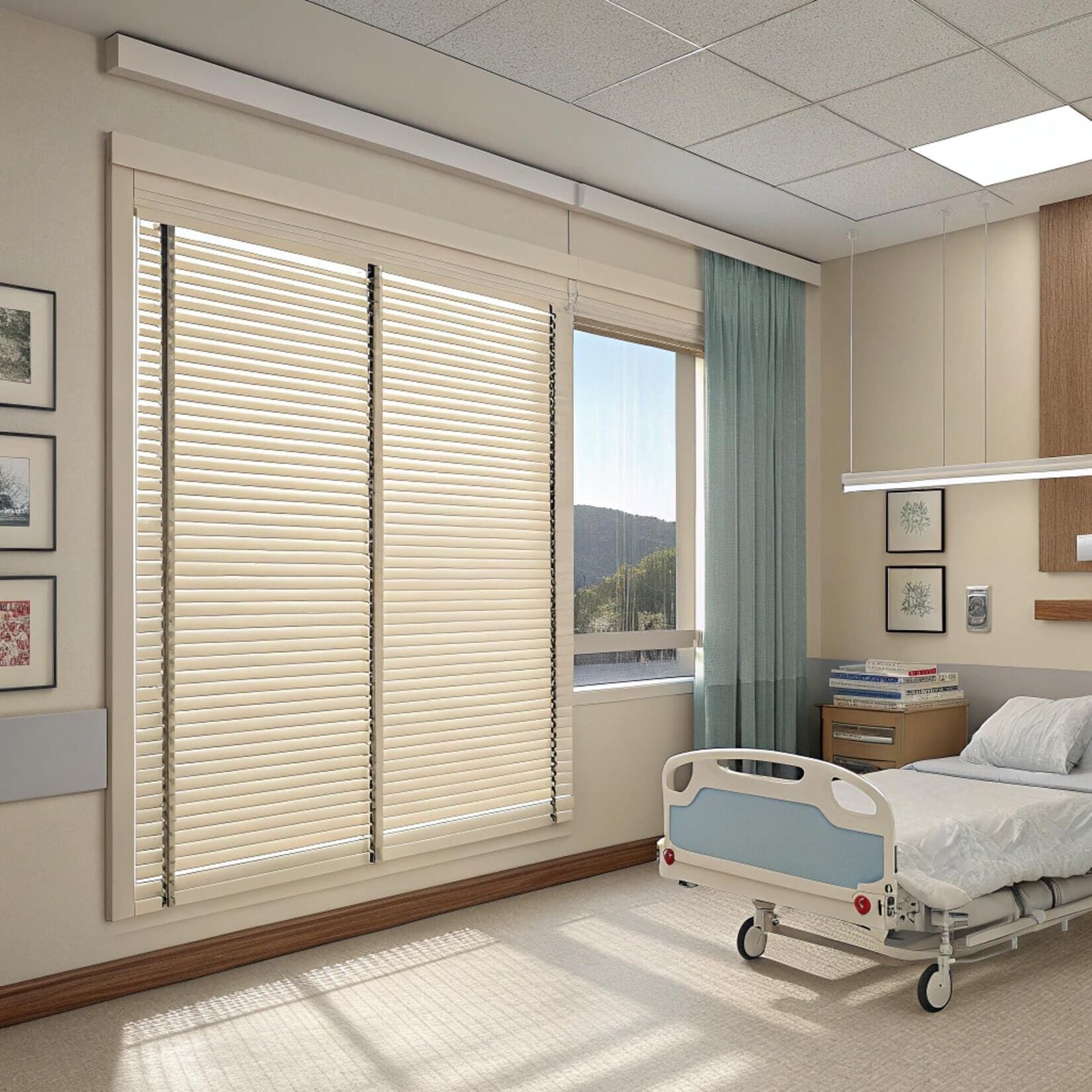 Hospital patient room with cream aluminum blinds
