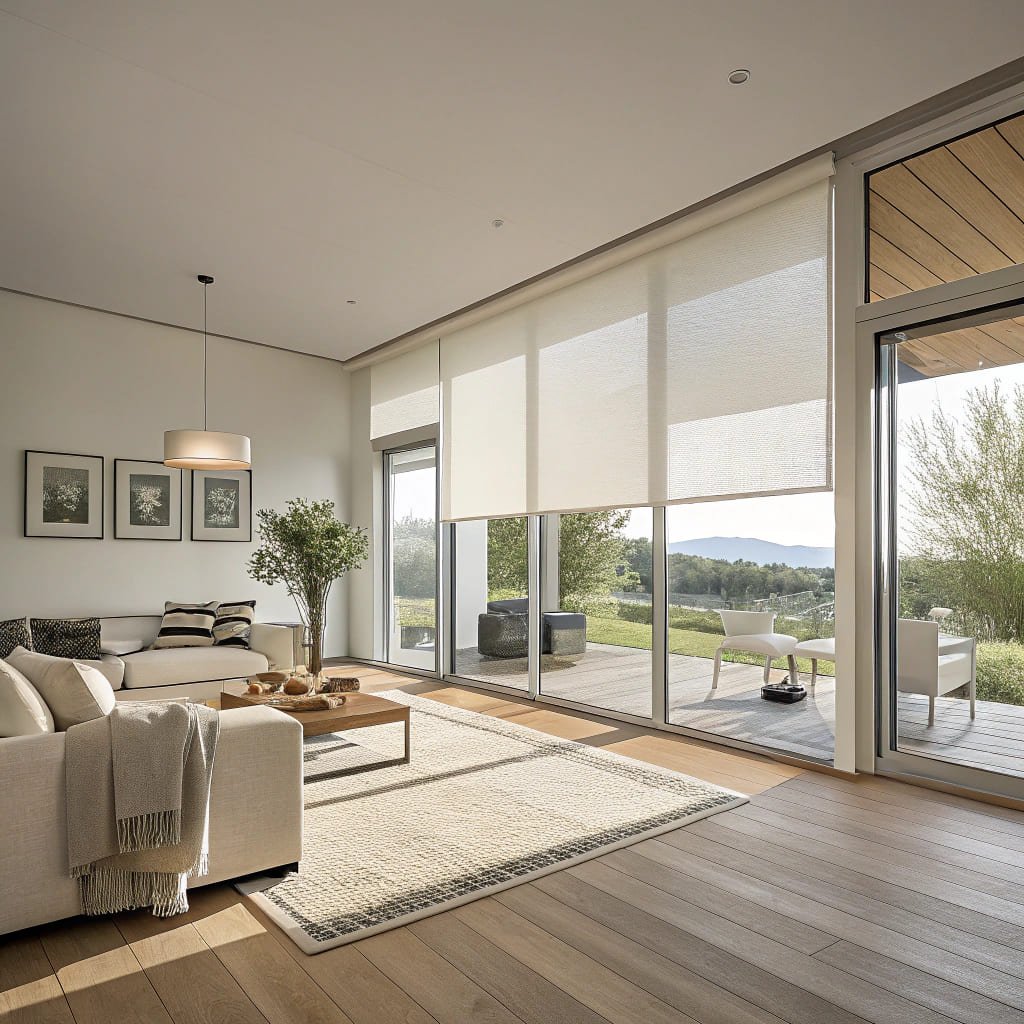 Living room with wide windows, smart shading solutions, overlooking garden