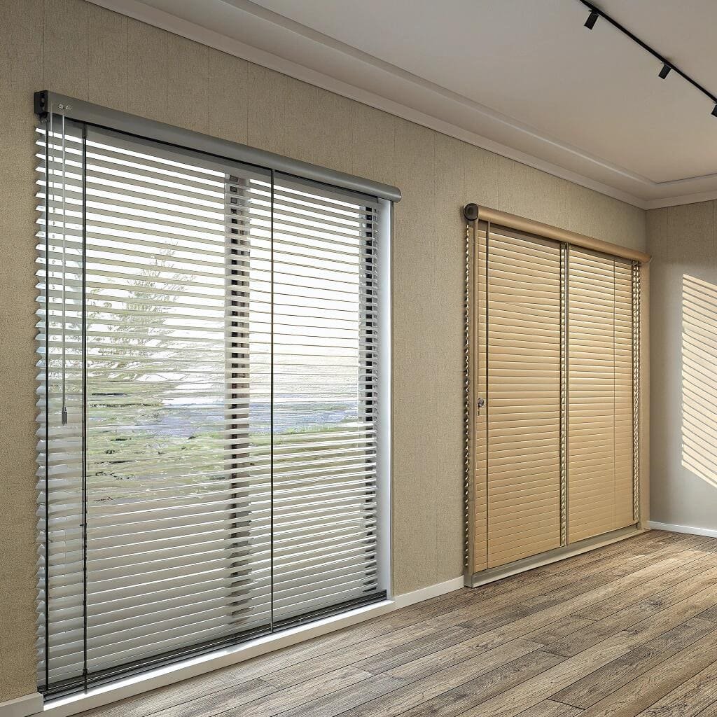 Modern room with silver and tan aluminum blinds