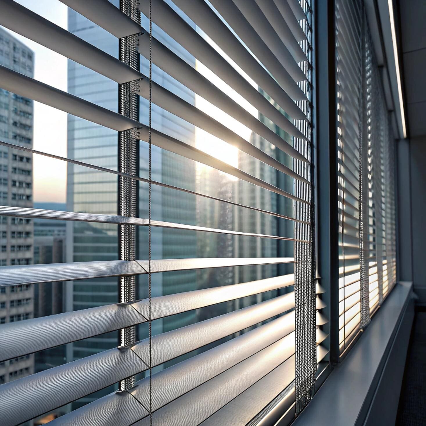 Silver aluminum blinds in modern office building