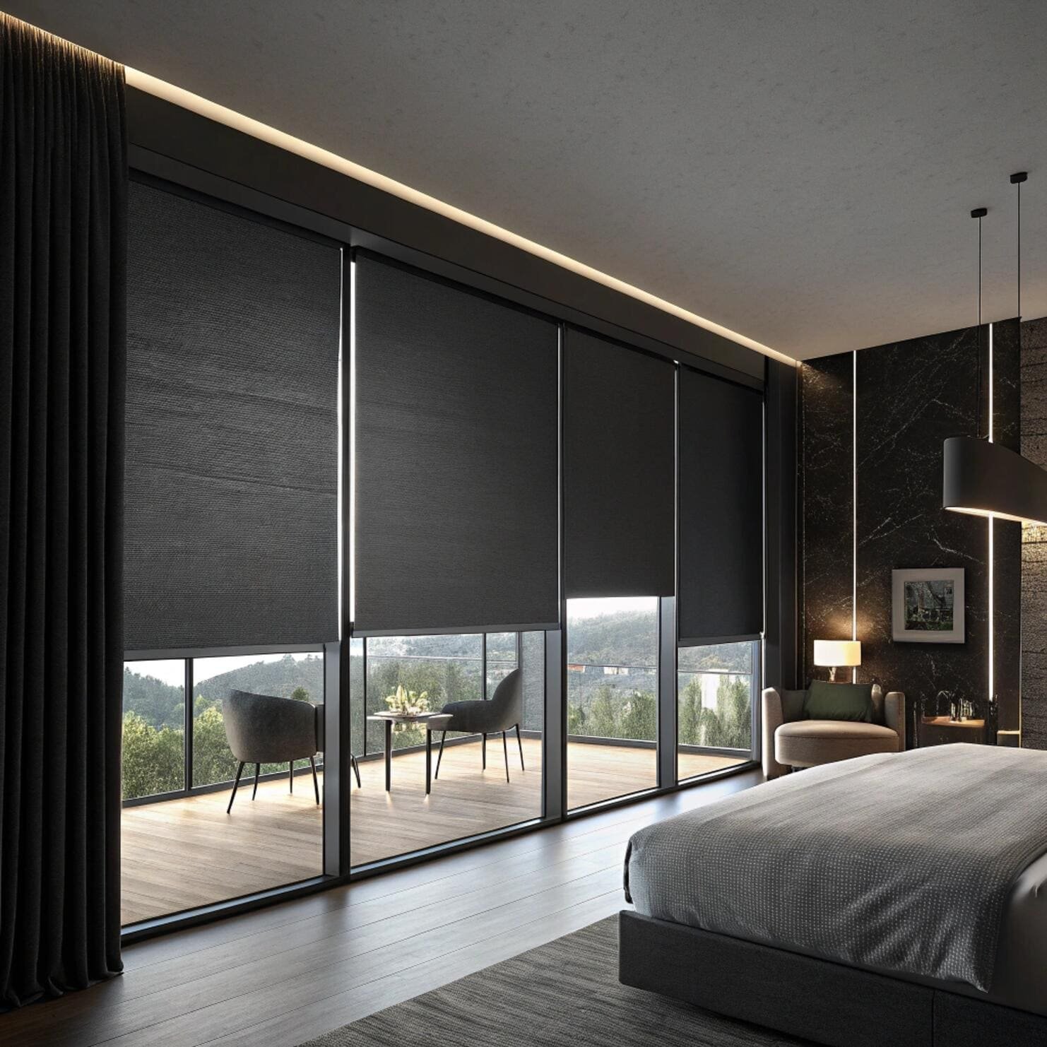 Bedroom with blackout roller blinds in dark color