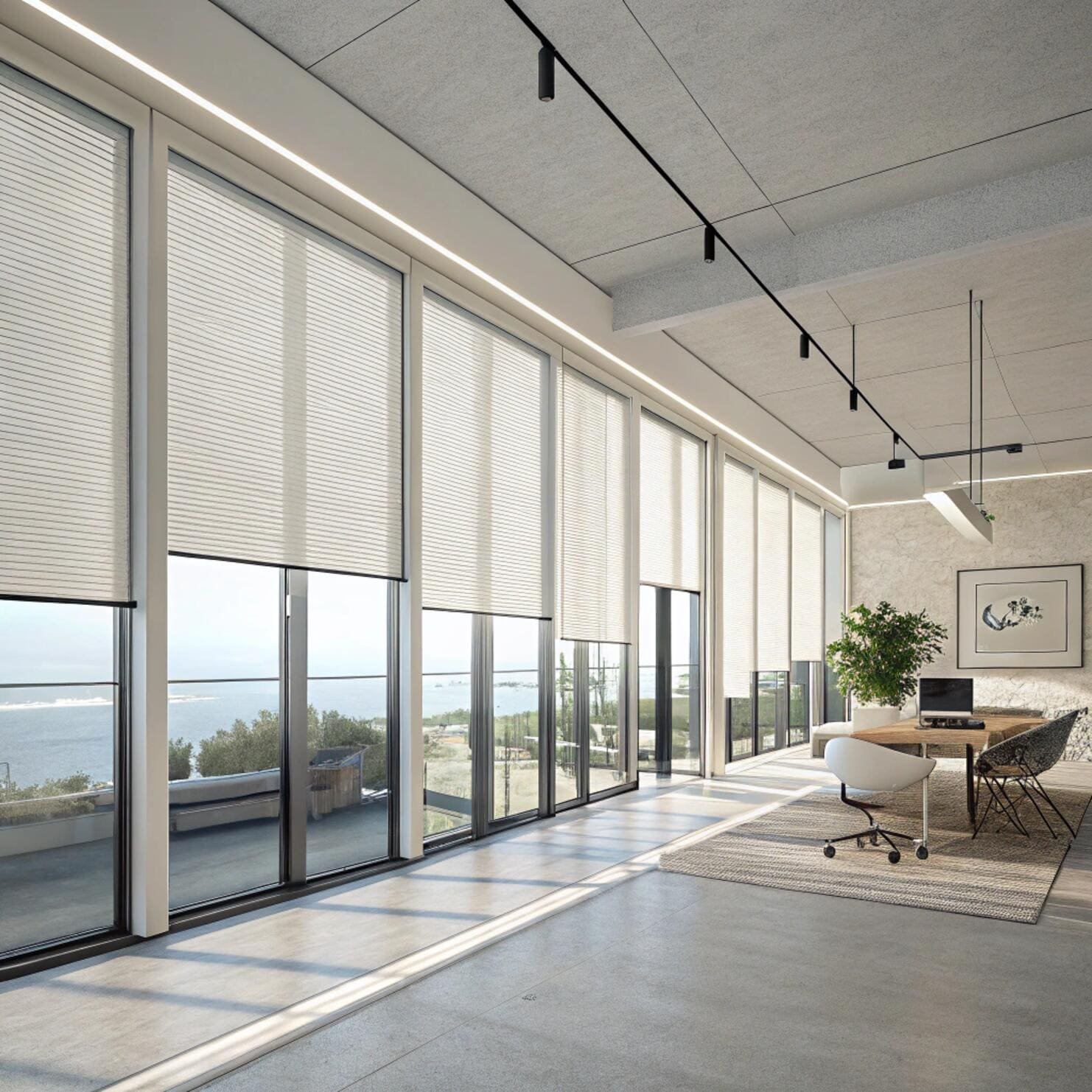 Modern office with white pleated blinds and ocean view