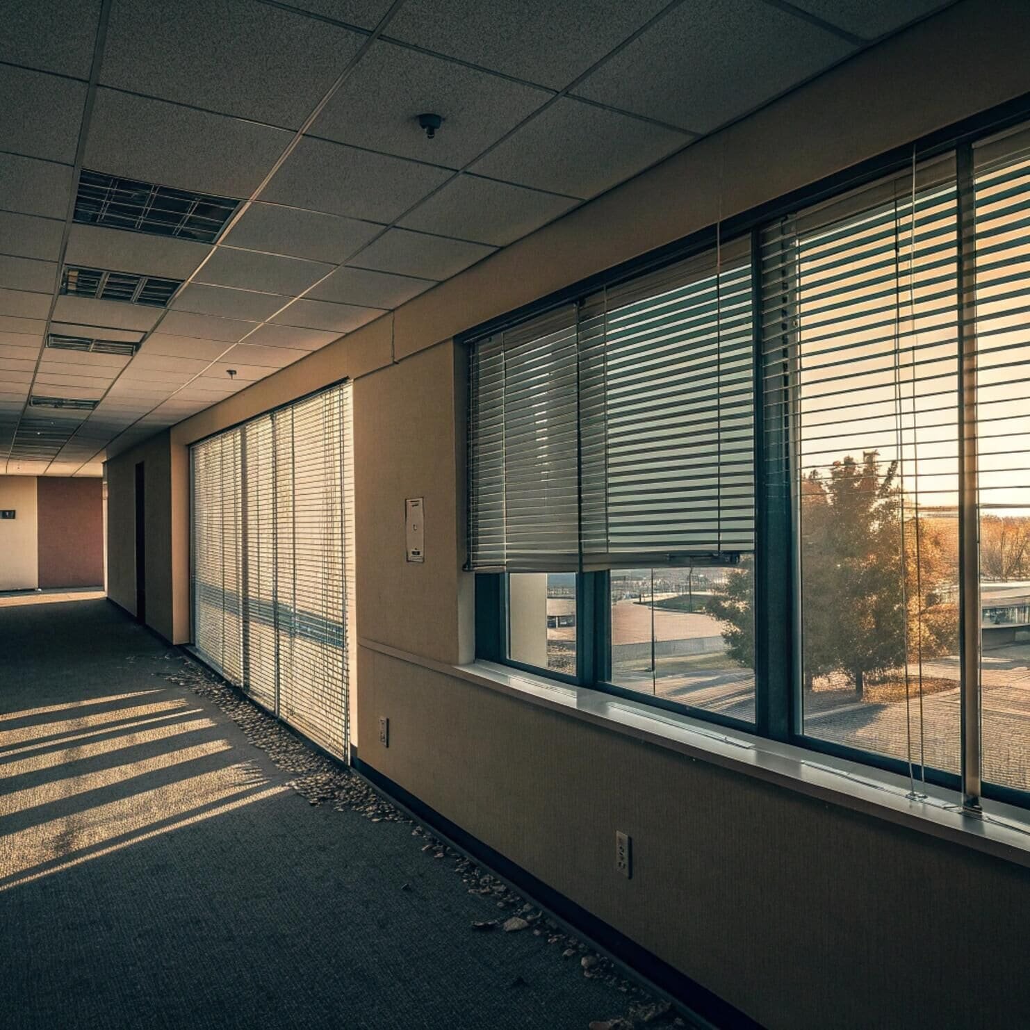 Empty hallway with aluminum blinds and sunset