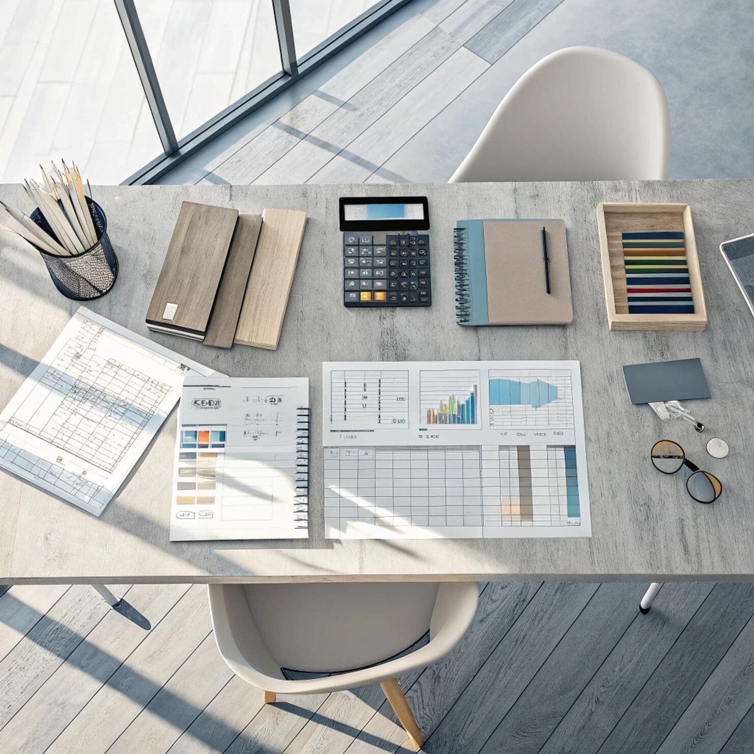 Modern office desk with samples, charts, and stationery