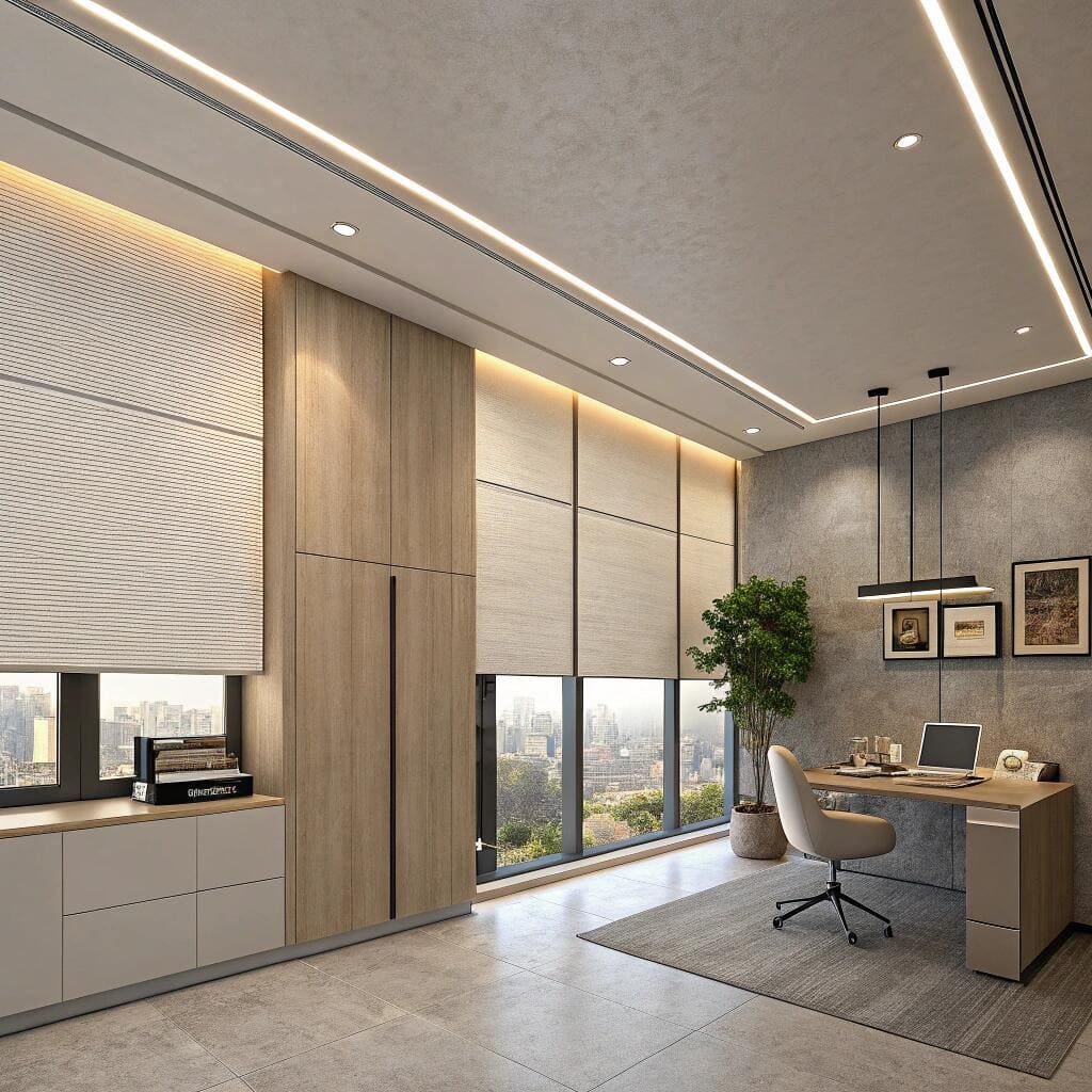 Modern executive office with energy efficient blinds