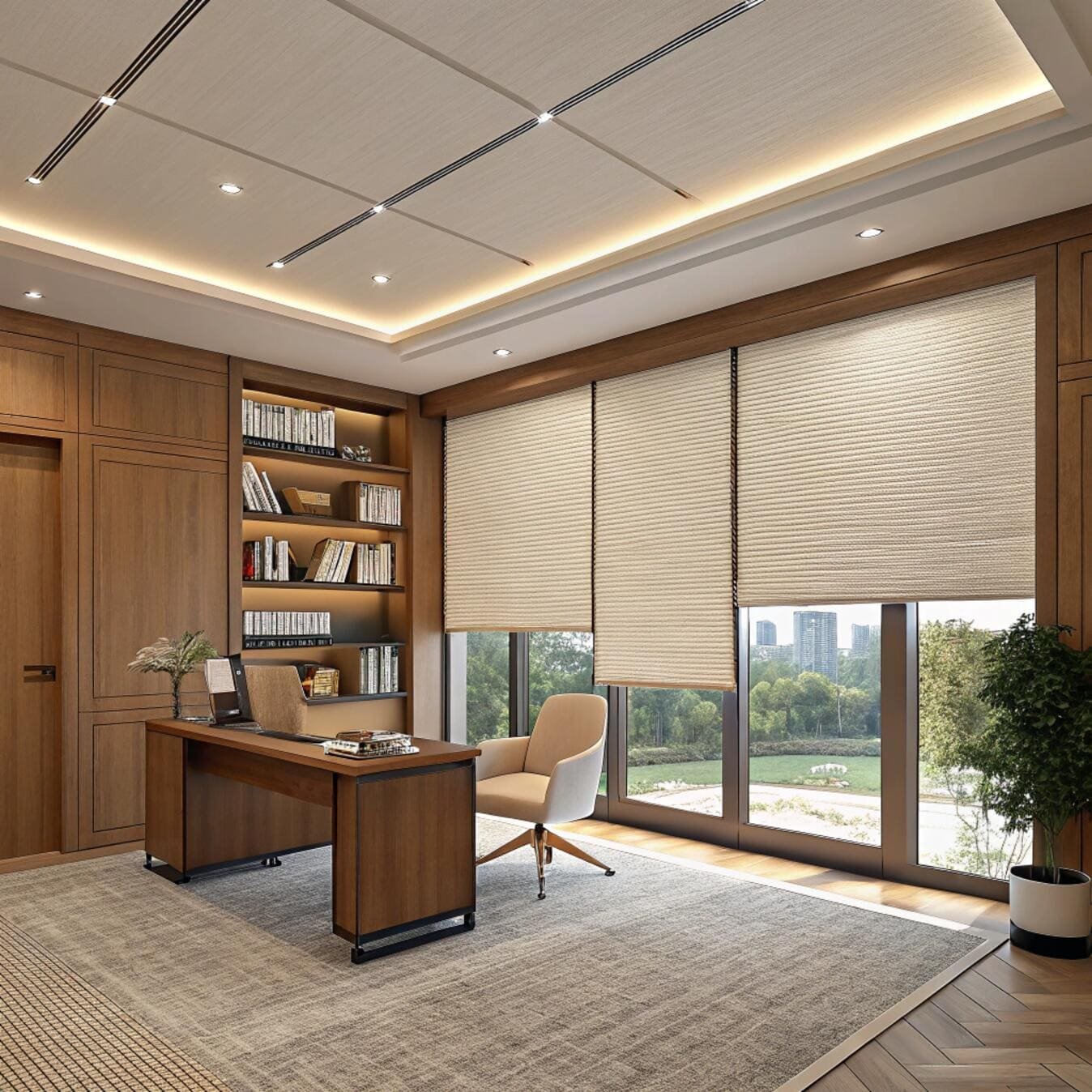 Wood office with large honeycomb blinds and bookshelves