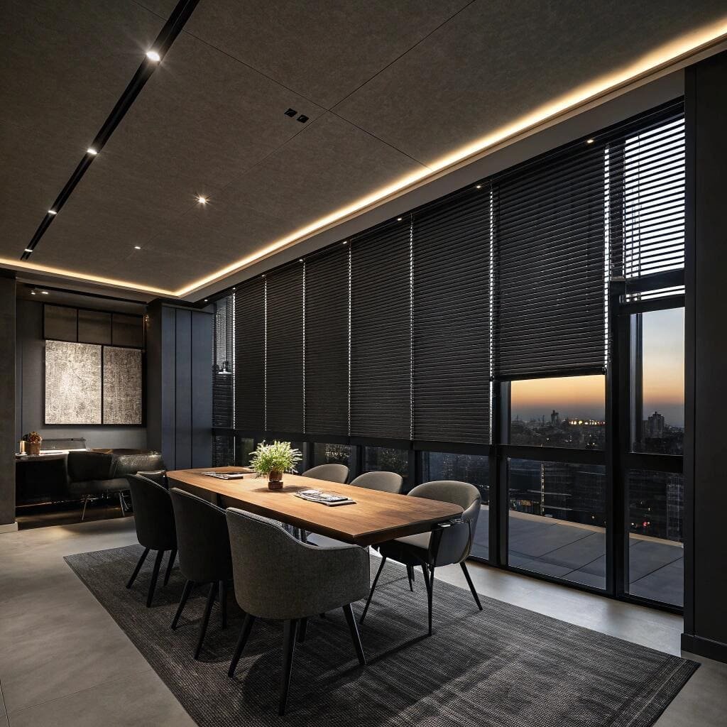 Modern boardroom with black venetian blinds at sunset