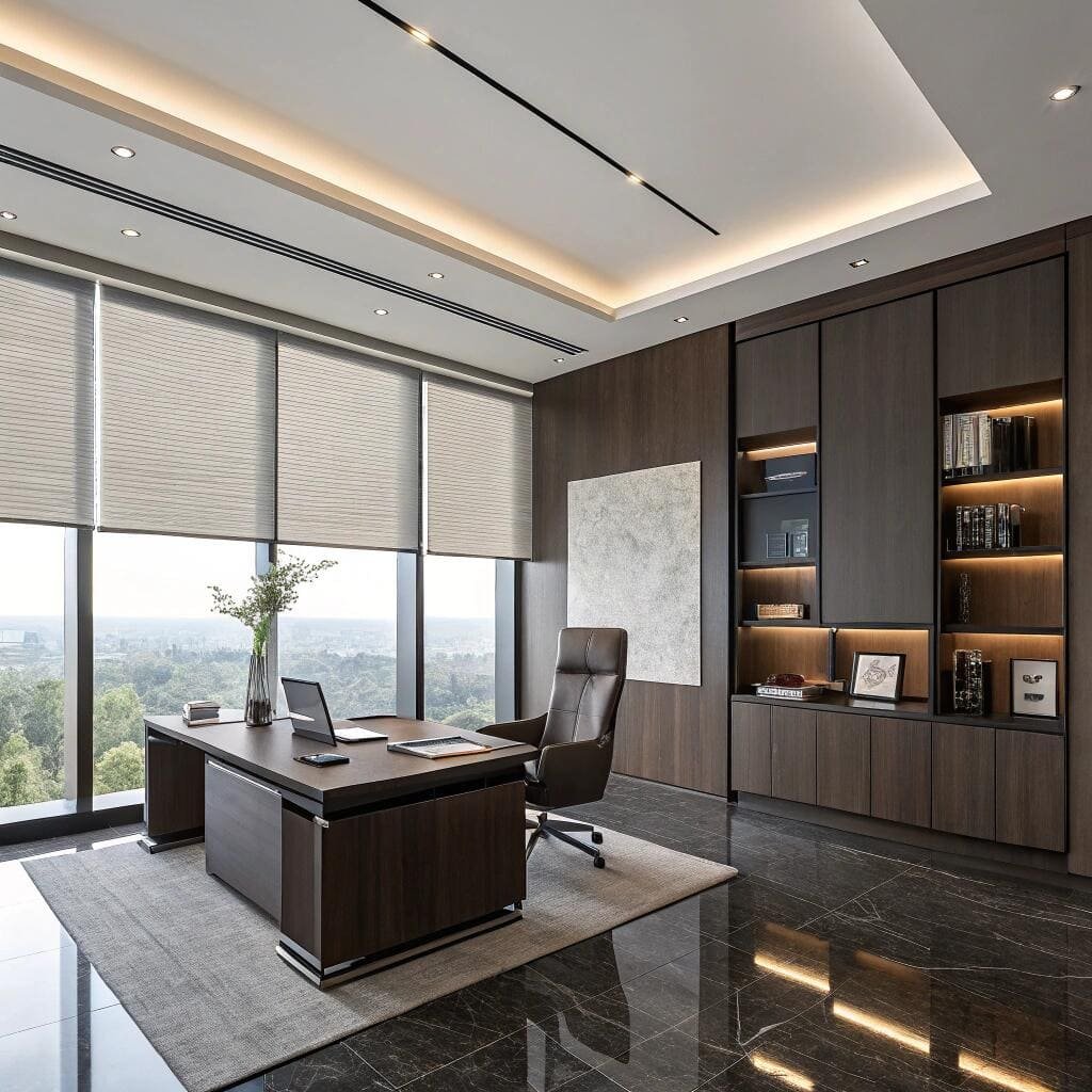Executive office with honeycomb blinds and dark marble floors