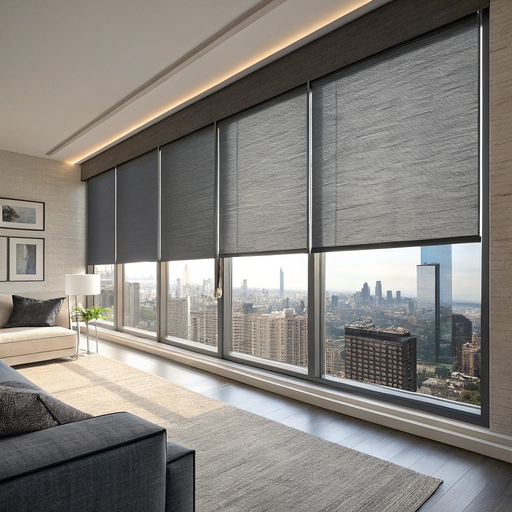 modern living room with roller shades, elegant urban view complementing interior decor