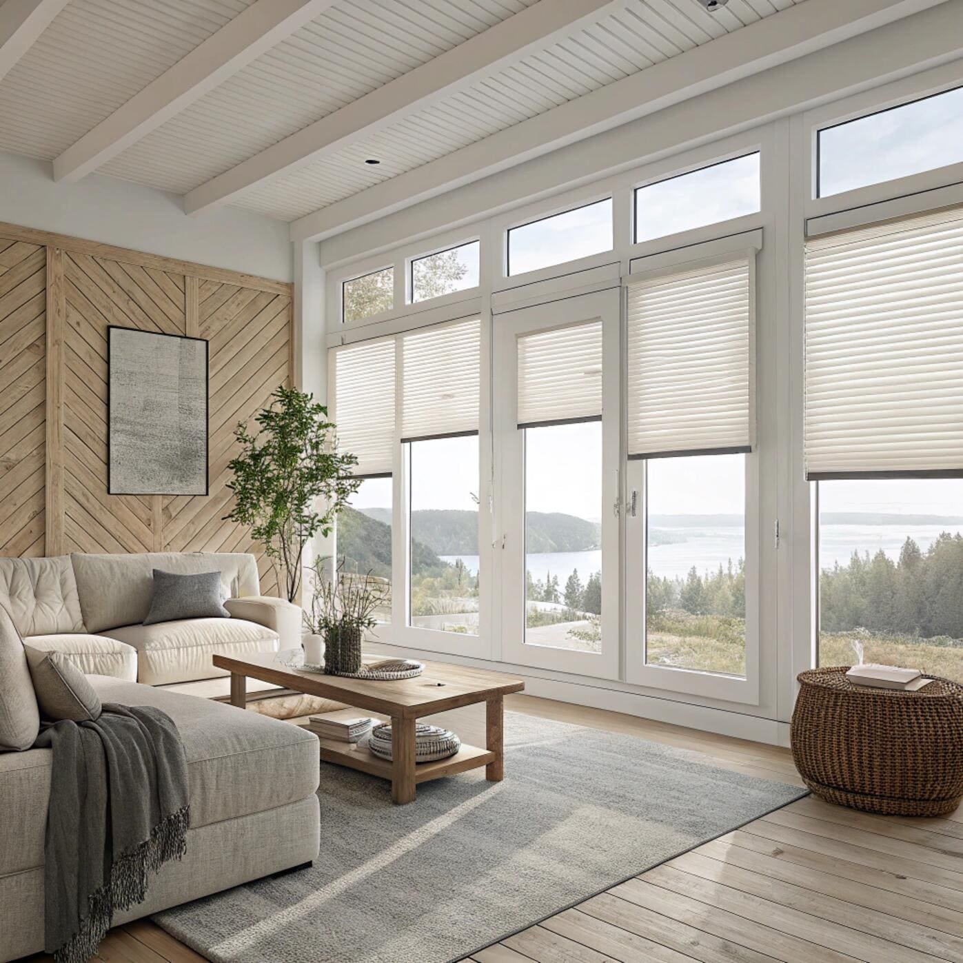 Scandinavian living room with white honeycomb blinds and lake view