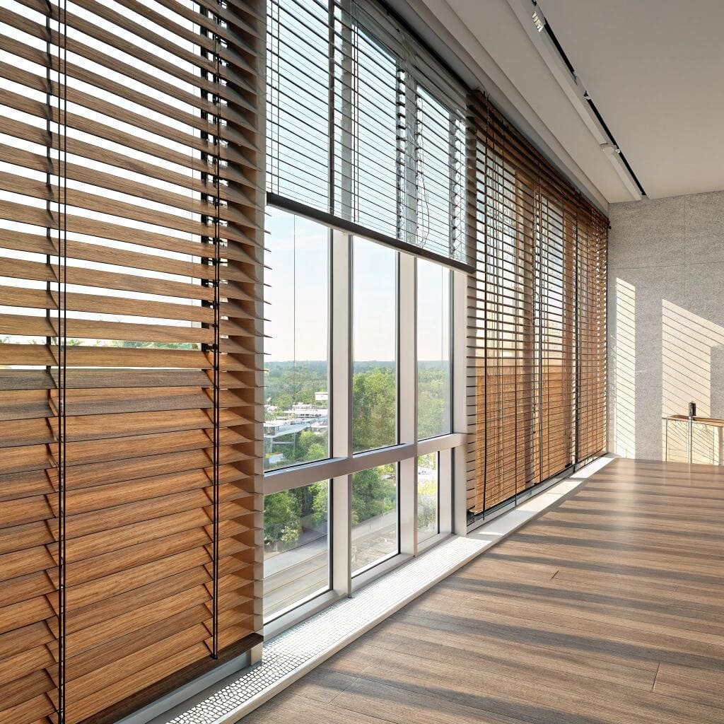 sunlit room with wooden blinds, offering a sleek and modern window covering solution