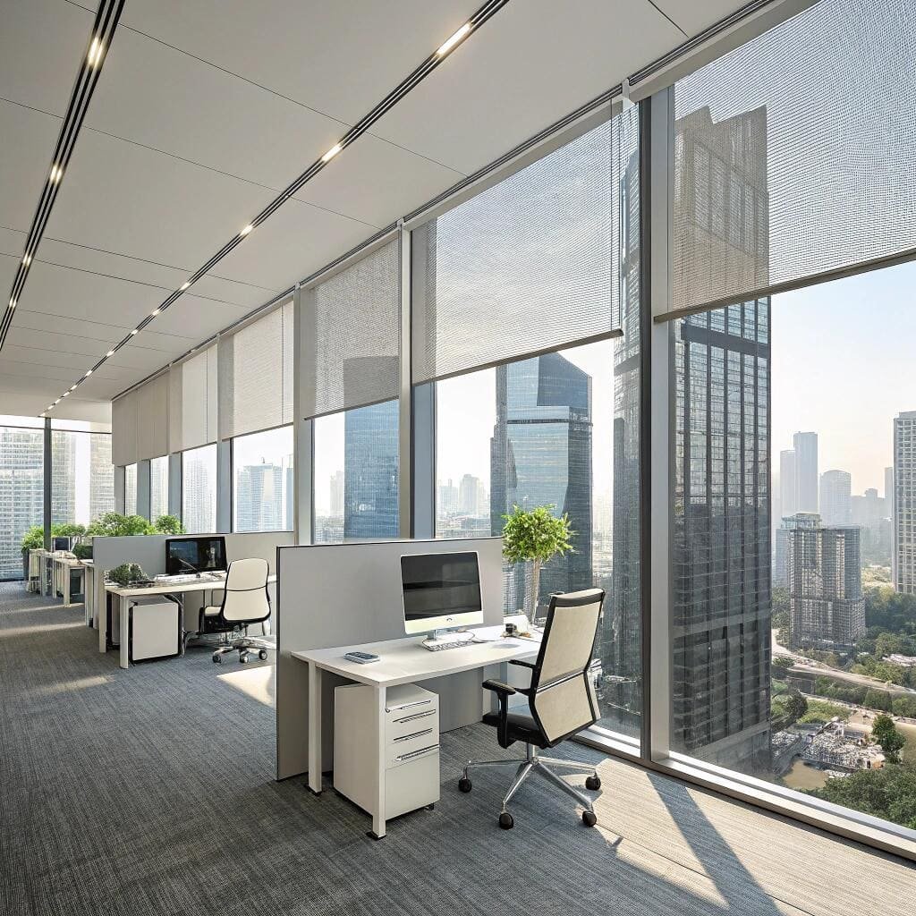 modern office with smart roller blinds, maximizing daylight control and workplace productivity