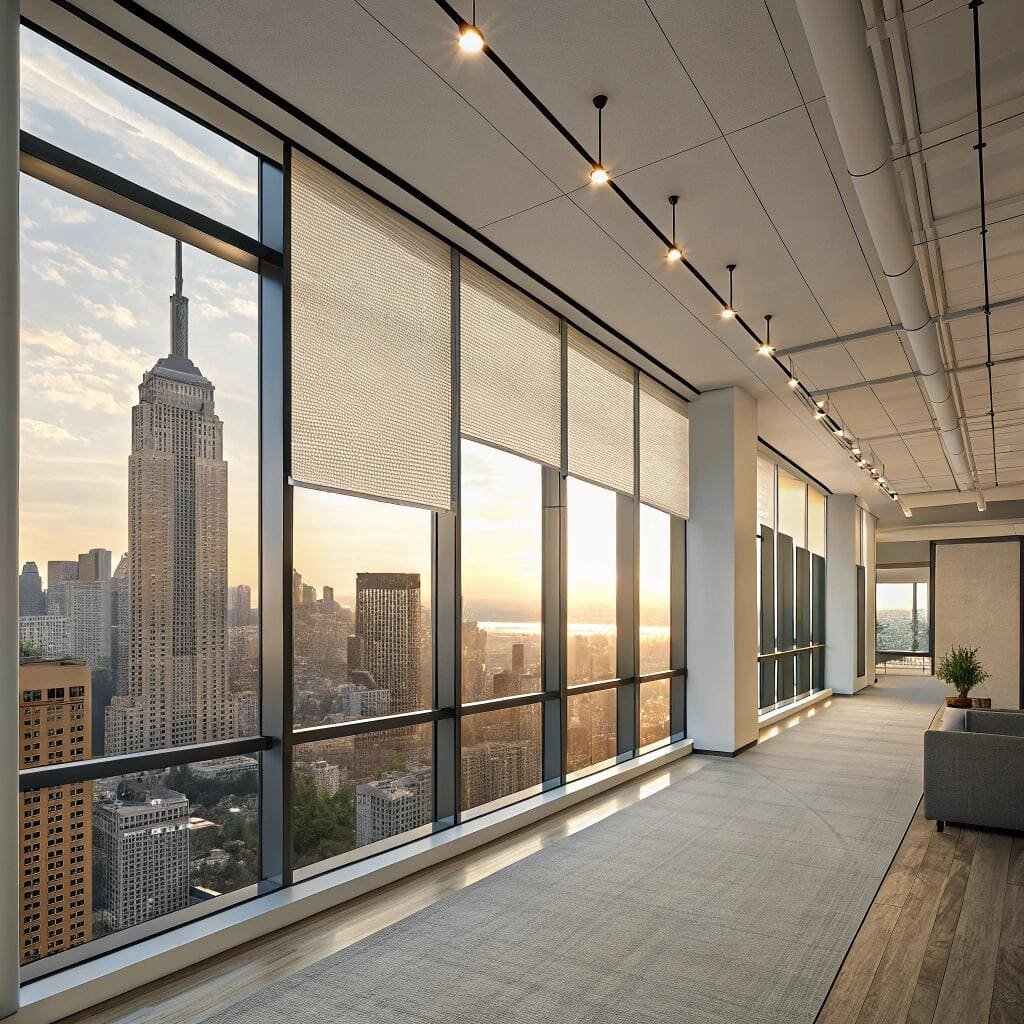office corridor with solar shades and cityscape view at sunset