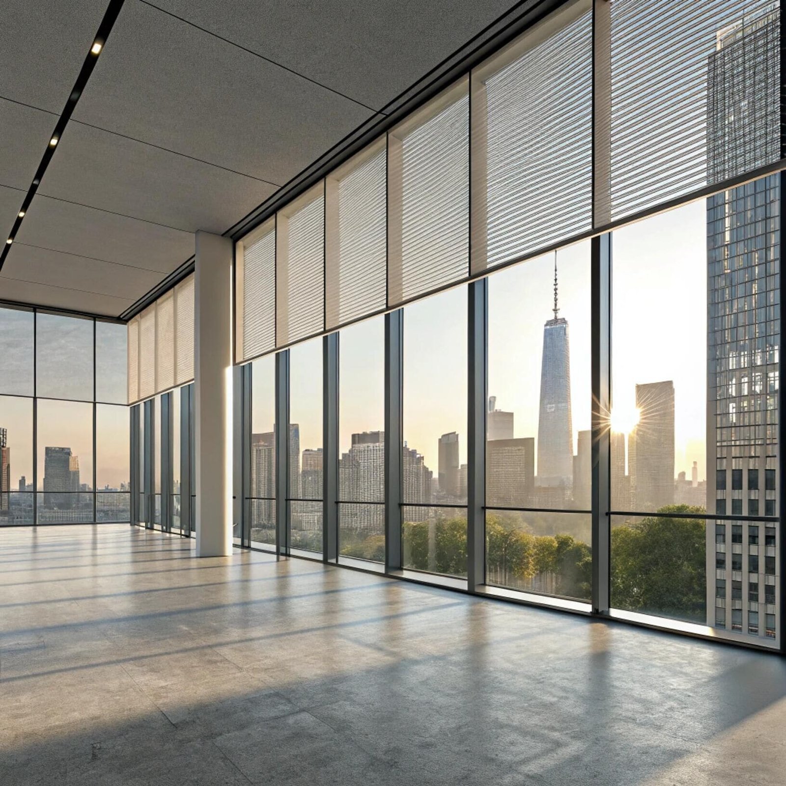 Large windows with motorized blinds in modern office, city view