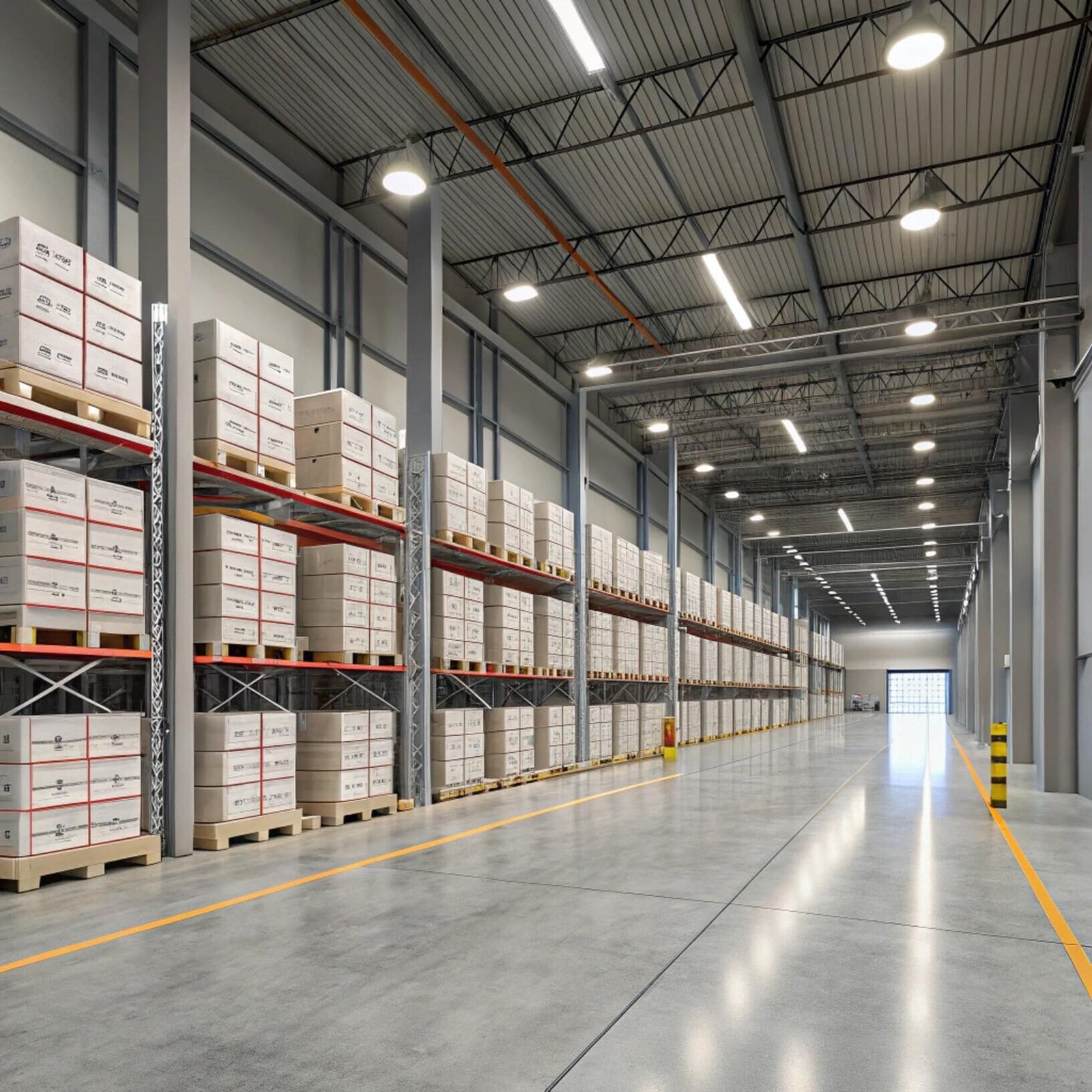 Large warehouse with high shelves storing boxes and blinds