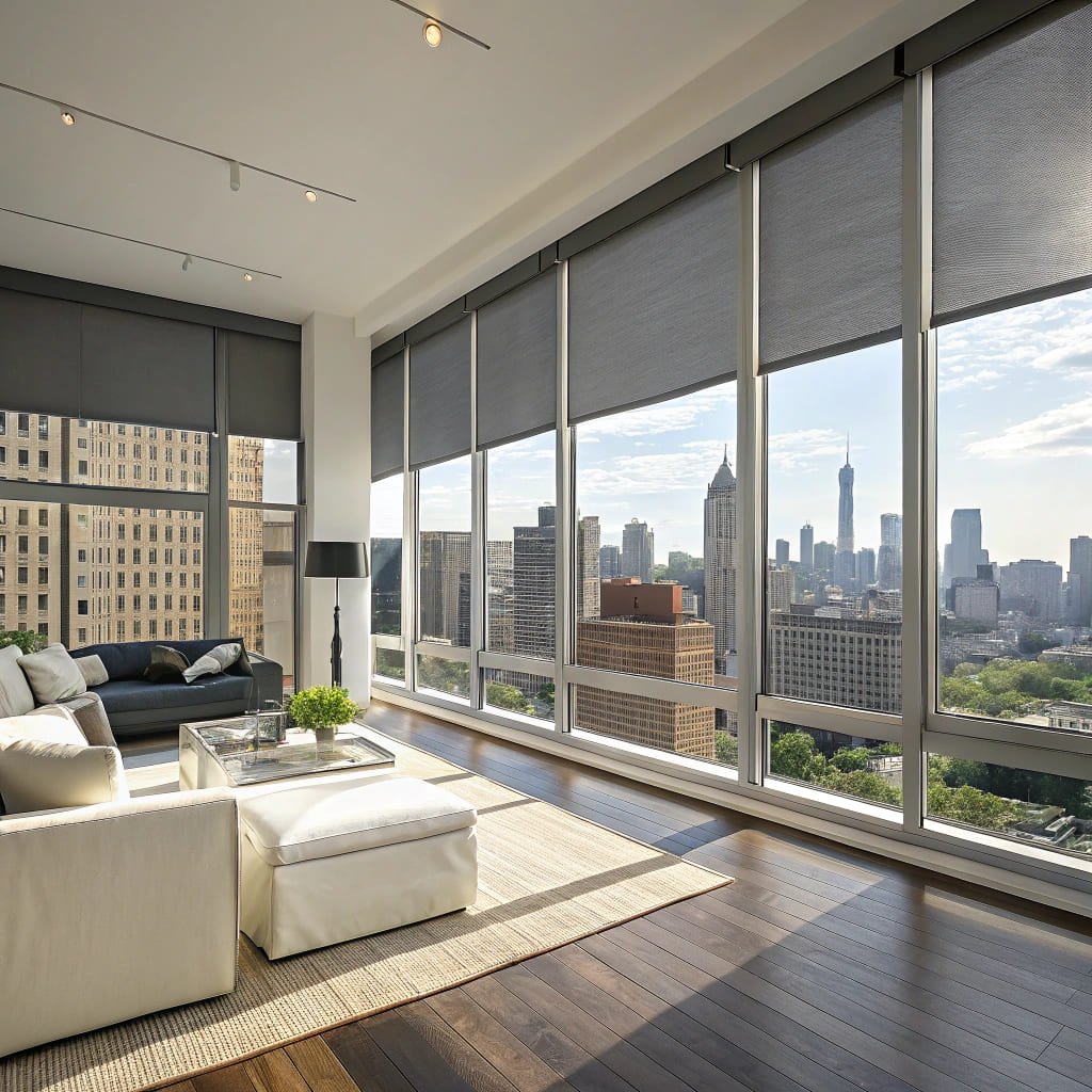 Spacious living room with city view shades, promoting smart shading solutions