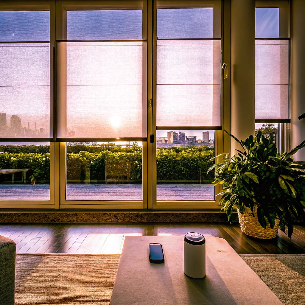 Elegant interior with smart blinds softly filtering sunlight