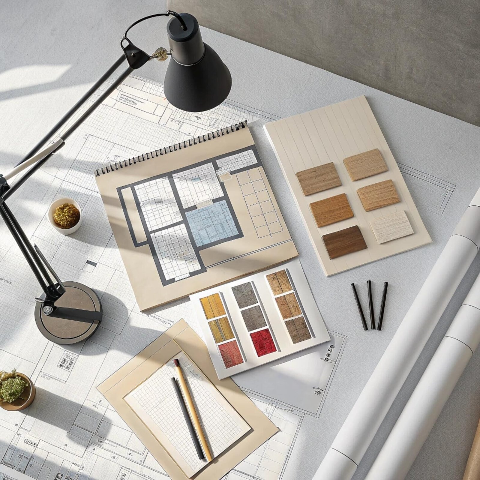 Architect's desk with blueprints, color, and material samples