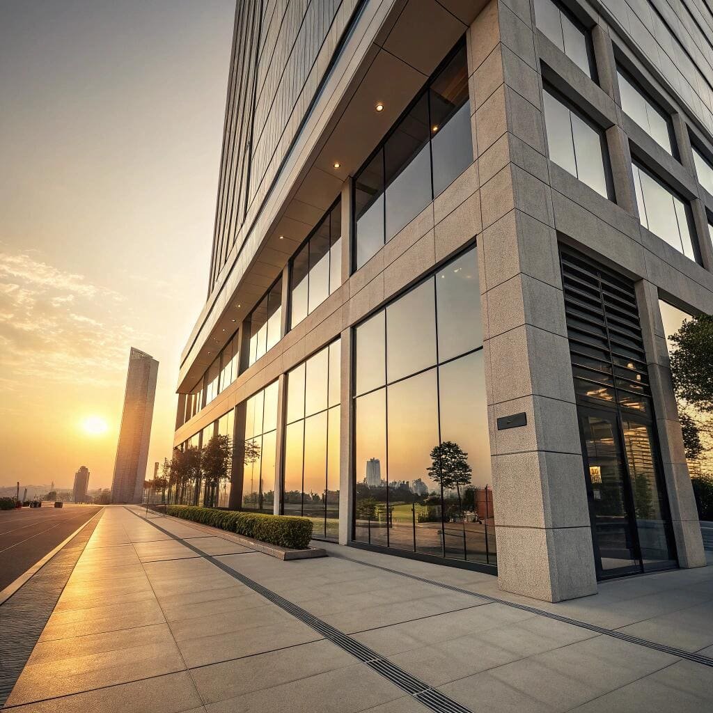 Skyscraper exterior with reflective windows at sunset