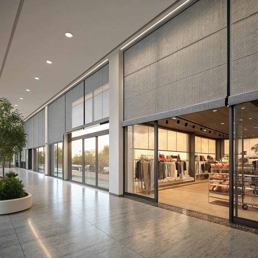 Retail storefront with large windows and roller blinds