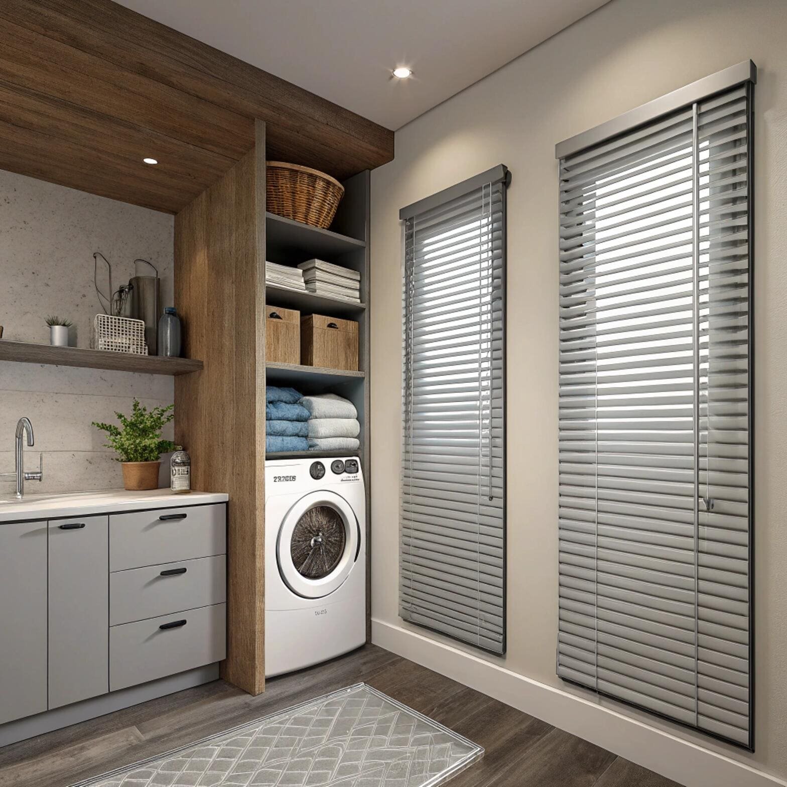 Laundry room with silver venetian blinds and washer