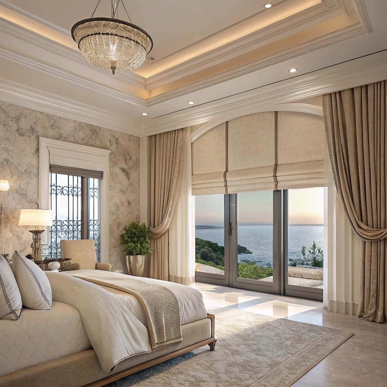 Luxury bedroom with roman shades and sea view