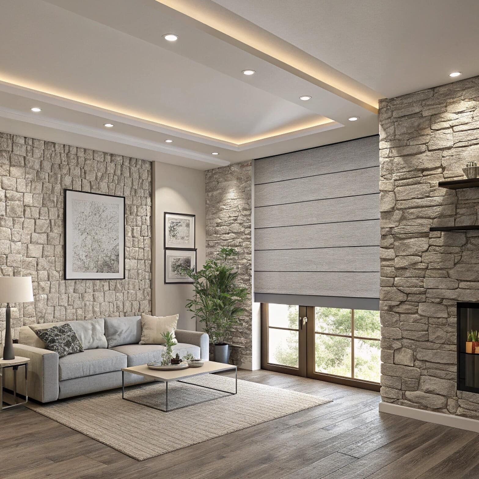 Contemporary living room with roman blinds and stone walls
