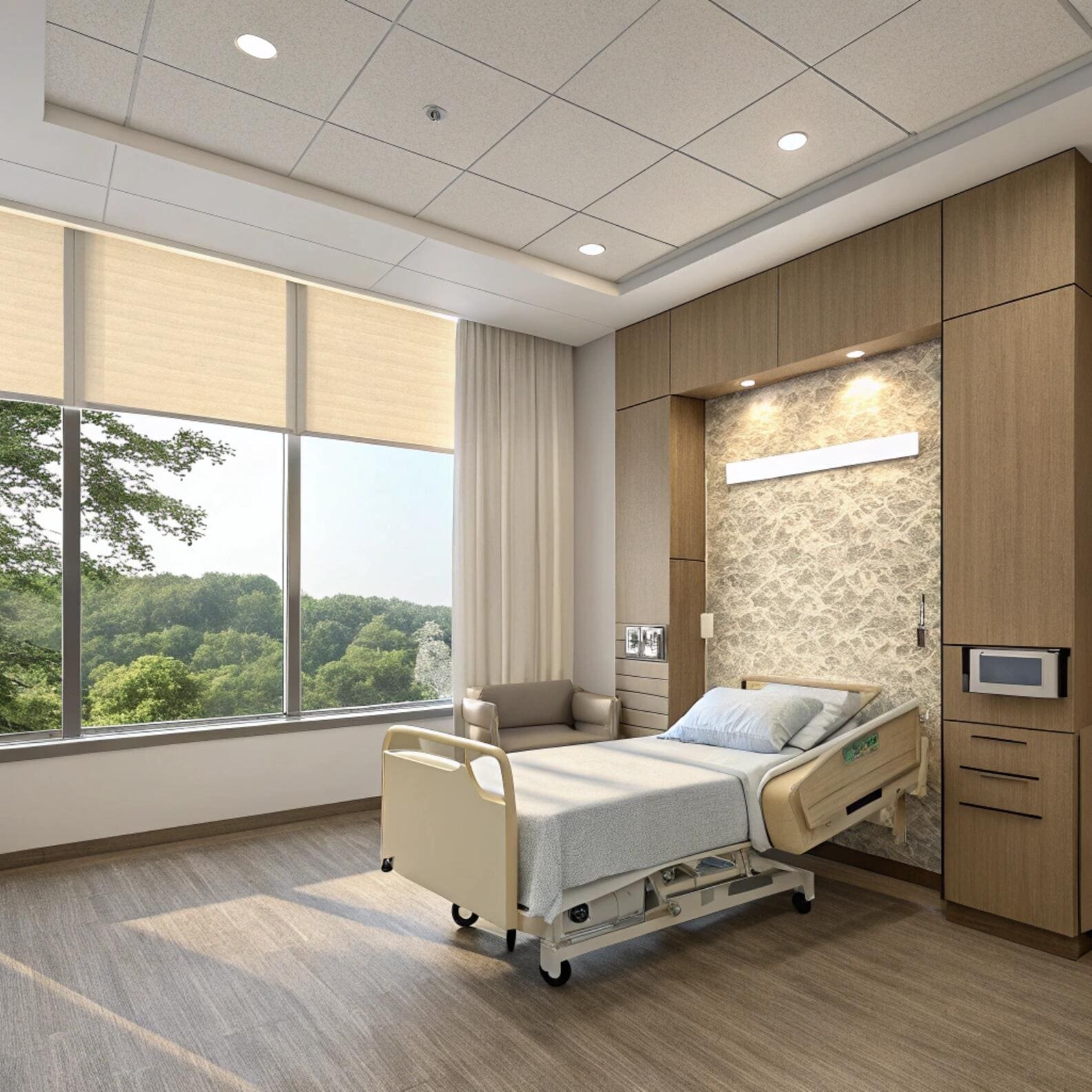 Hospital patient room with solar roller shades