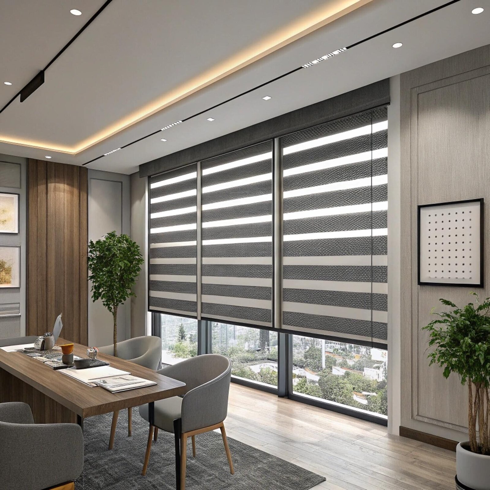 Modern office featuring blackout zebra roller shades