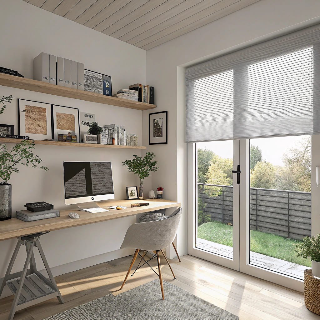 Home office space with smart blinds, enhancing productivity and comfort