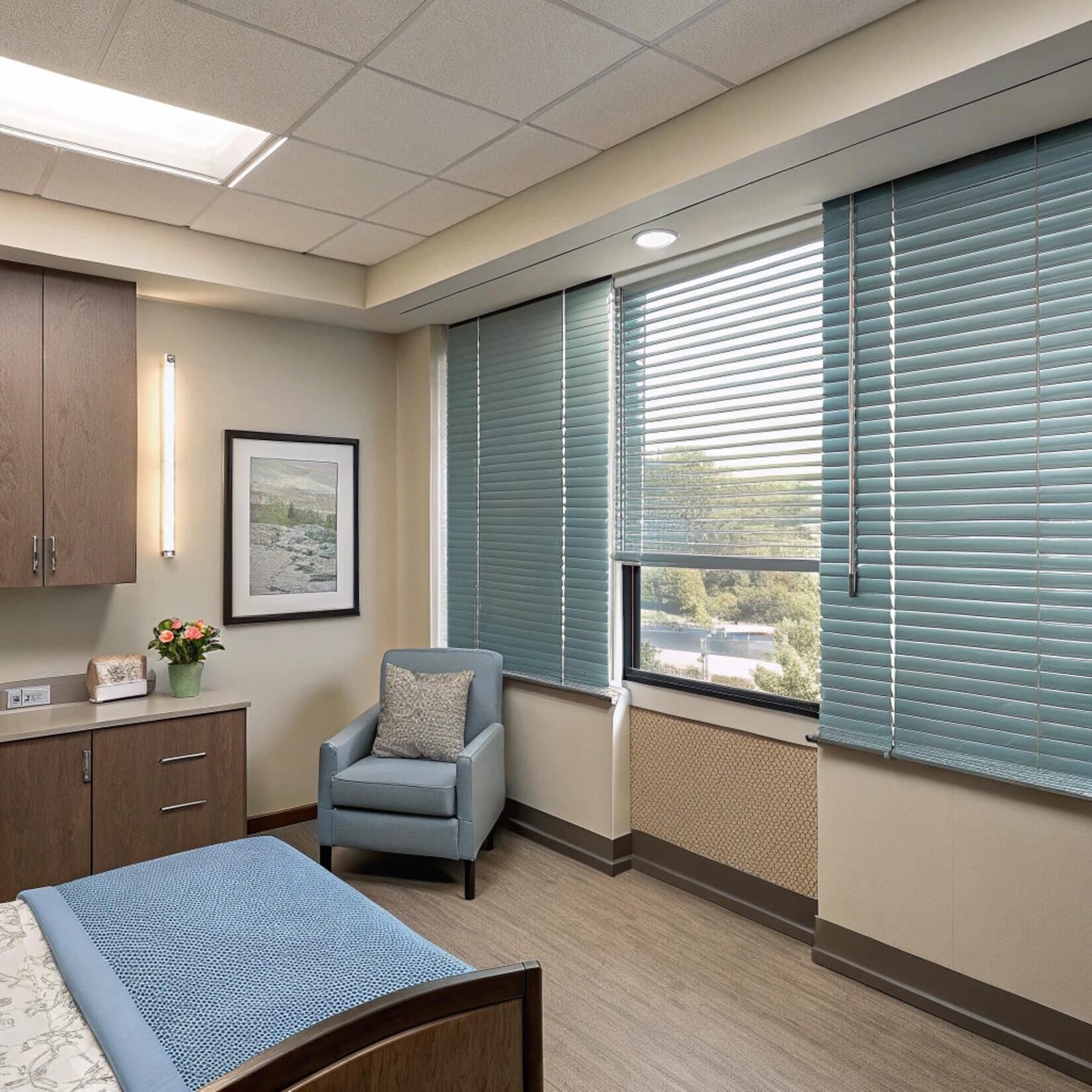 Healthcare room with blue aluminum blinds