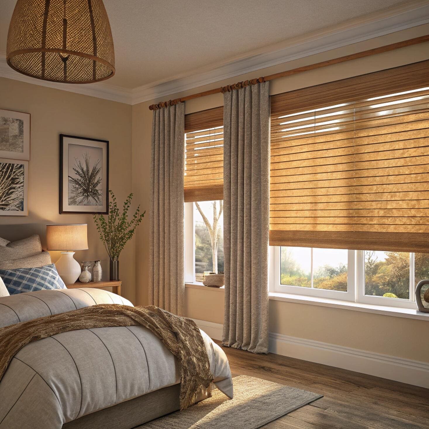 Bedroom with honeycomb blinds and curtains