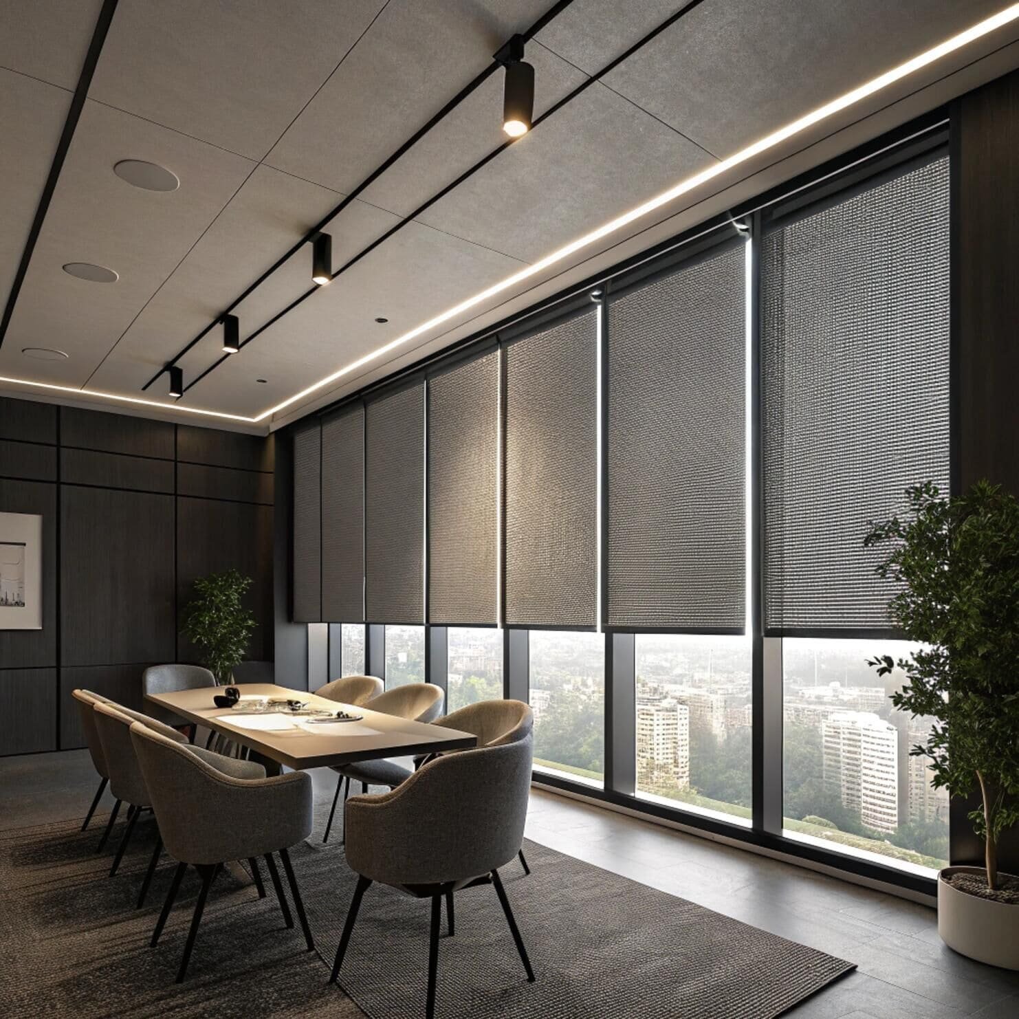 Conference room with dark roller shades and cityscape