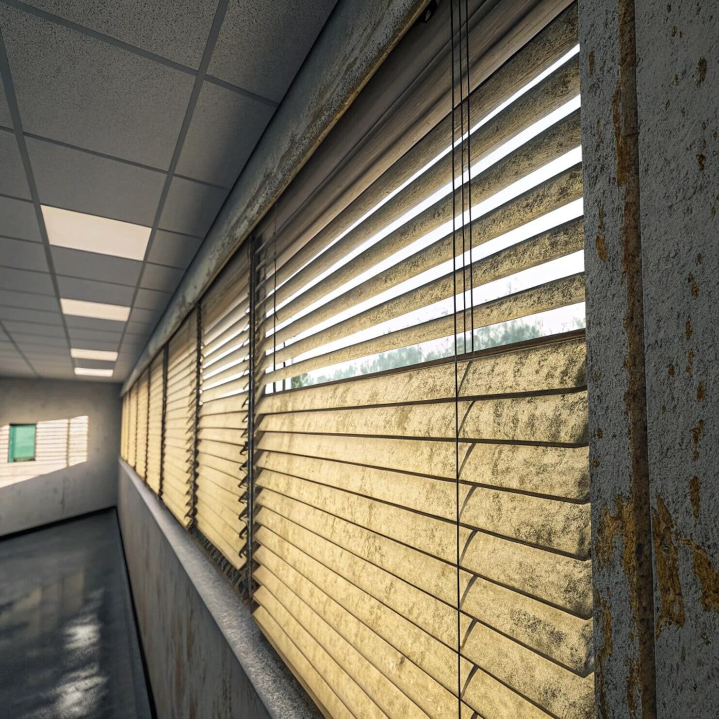 Old industrial corridor with dirty aluminum blinds