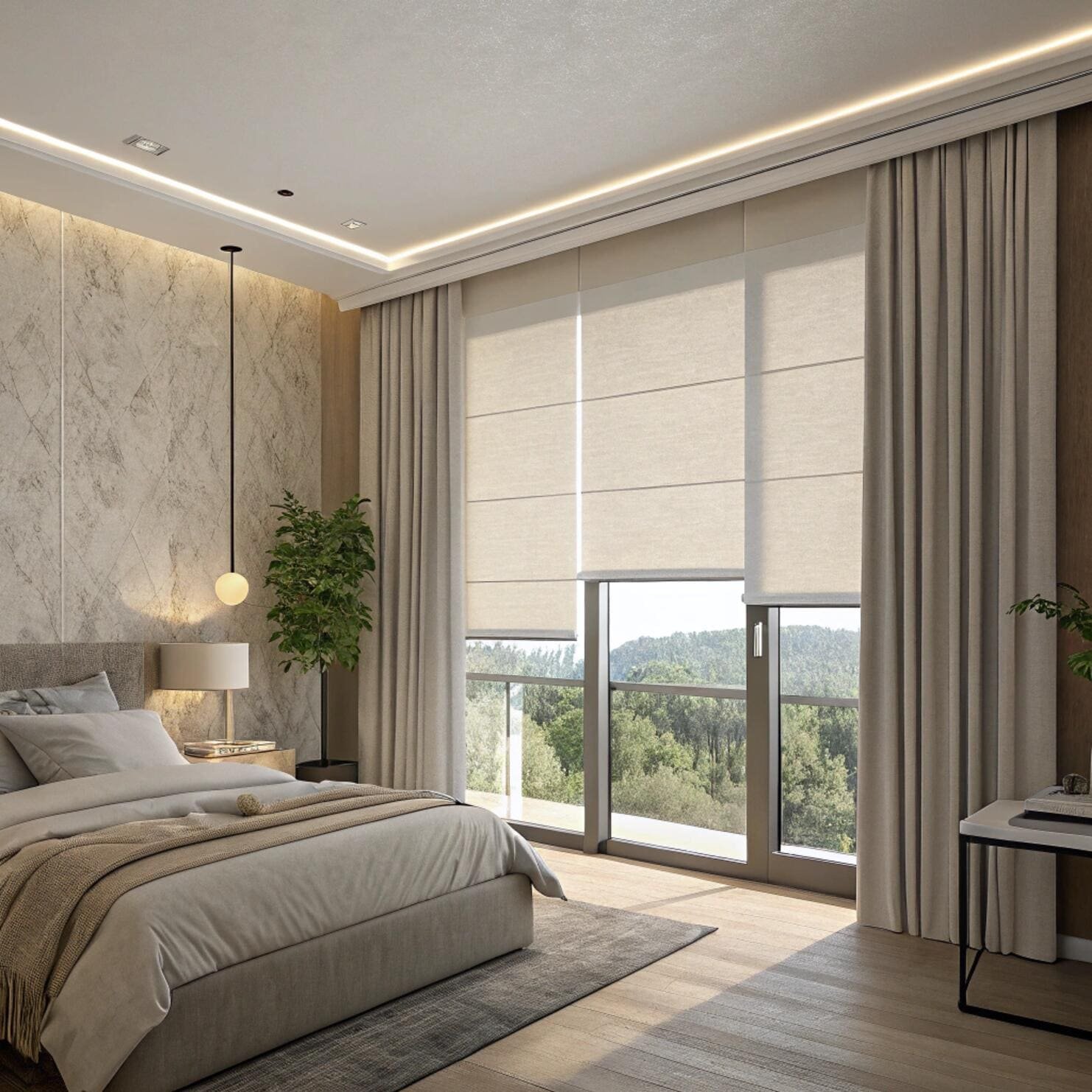 Contemporary bedroom with beige blackout roller blinds