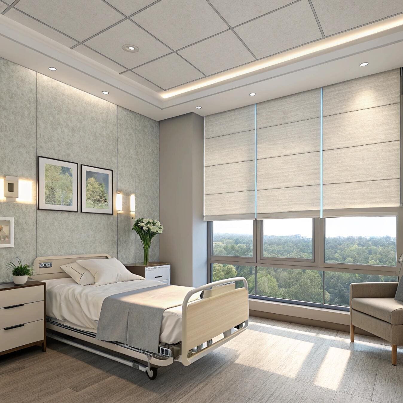 Hospital patient room with pleated blackout shades