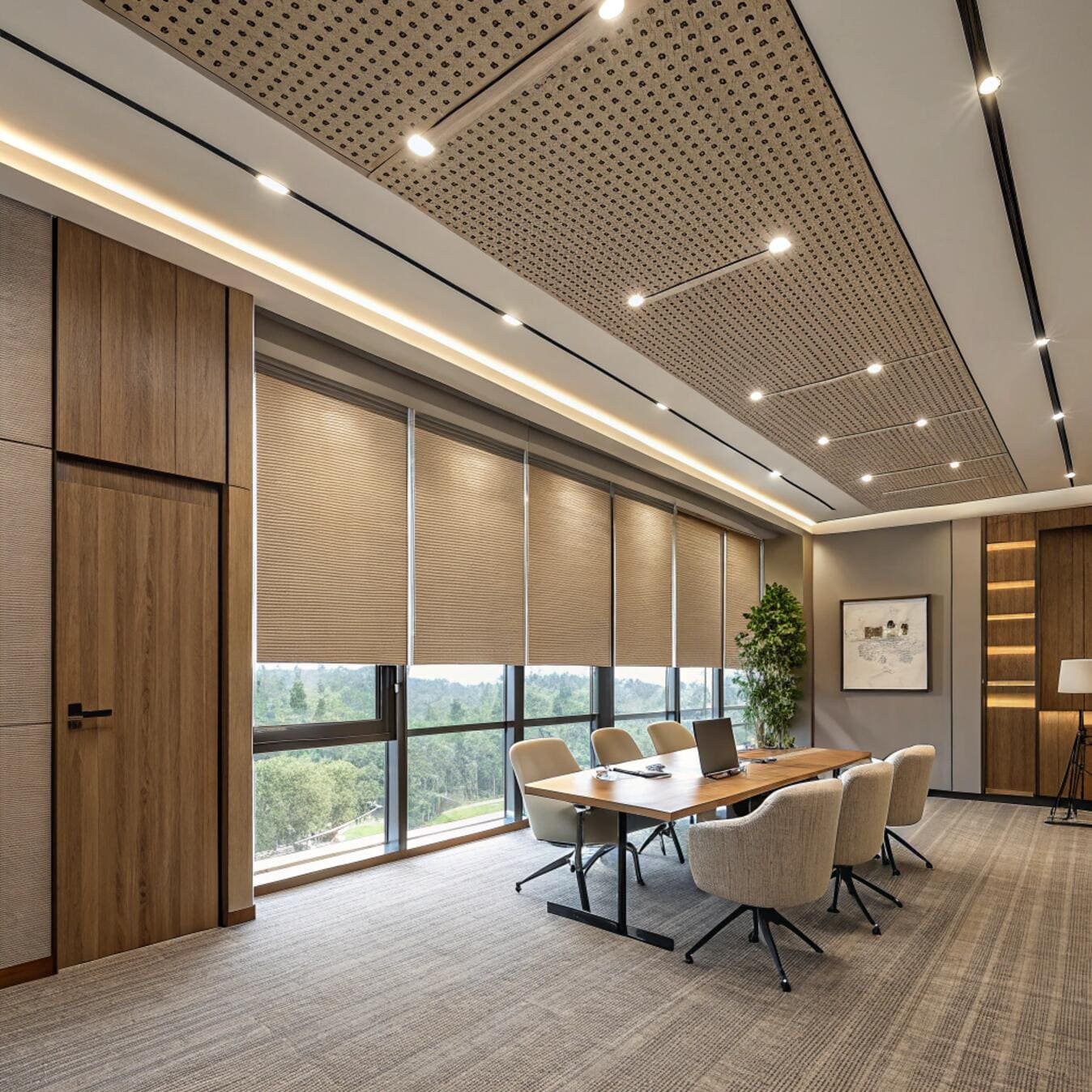 Modern boardroom with [honeycomb blinds](https://creativewindows.com/honeycomb-shades-what-are-the-pros-and-cons/)[^2] and wooden table