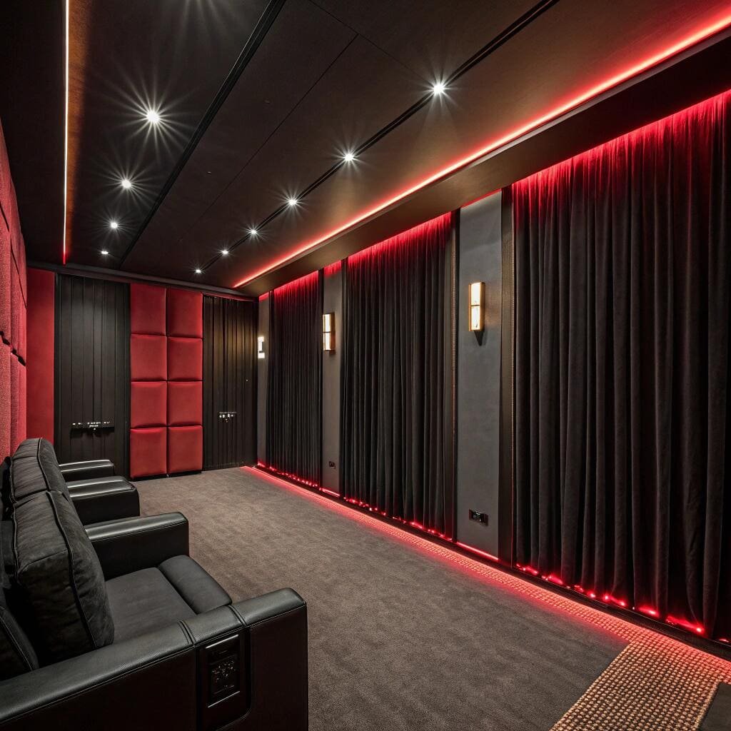 Home theater with blackout curtains and red accent lights
