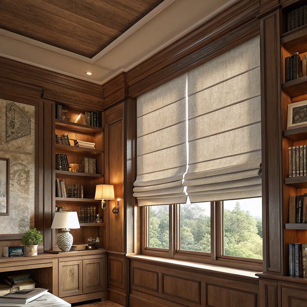 classic study room with roman shades, rich wooden design creating a cozy atmosphere