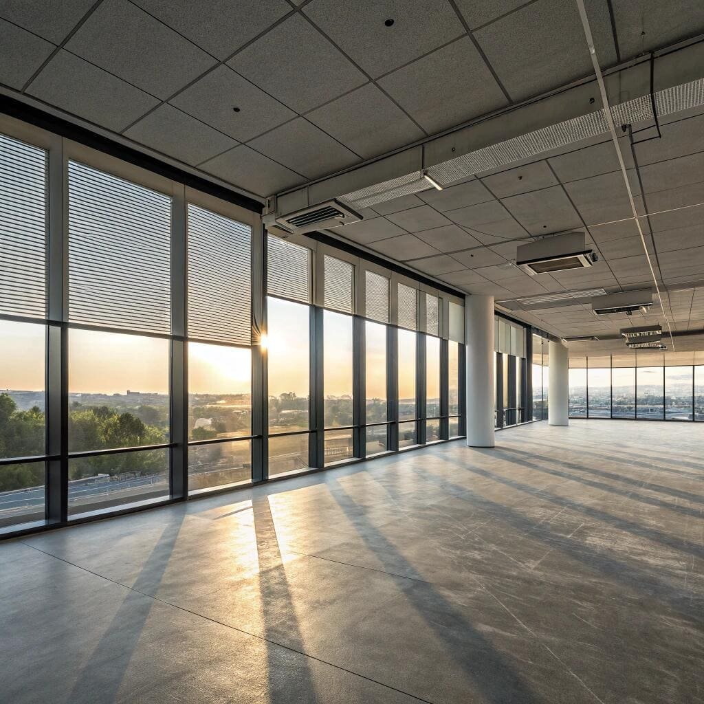 Empty office space with sun-filtering blinds at sunrise