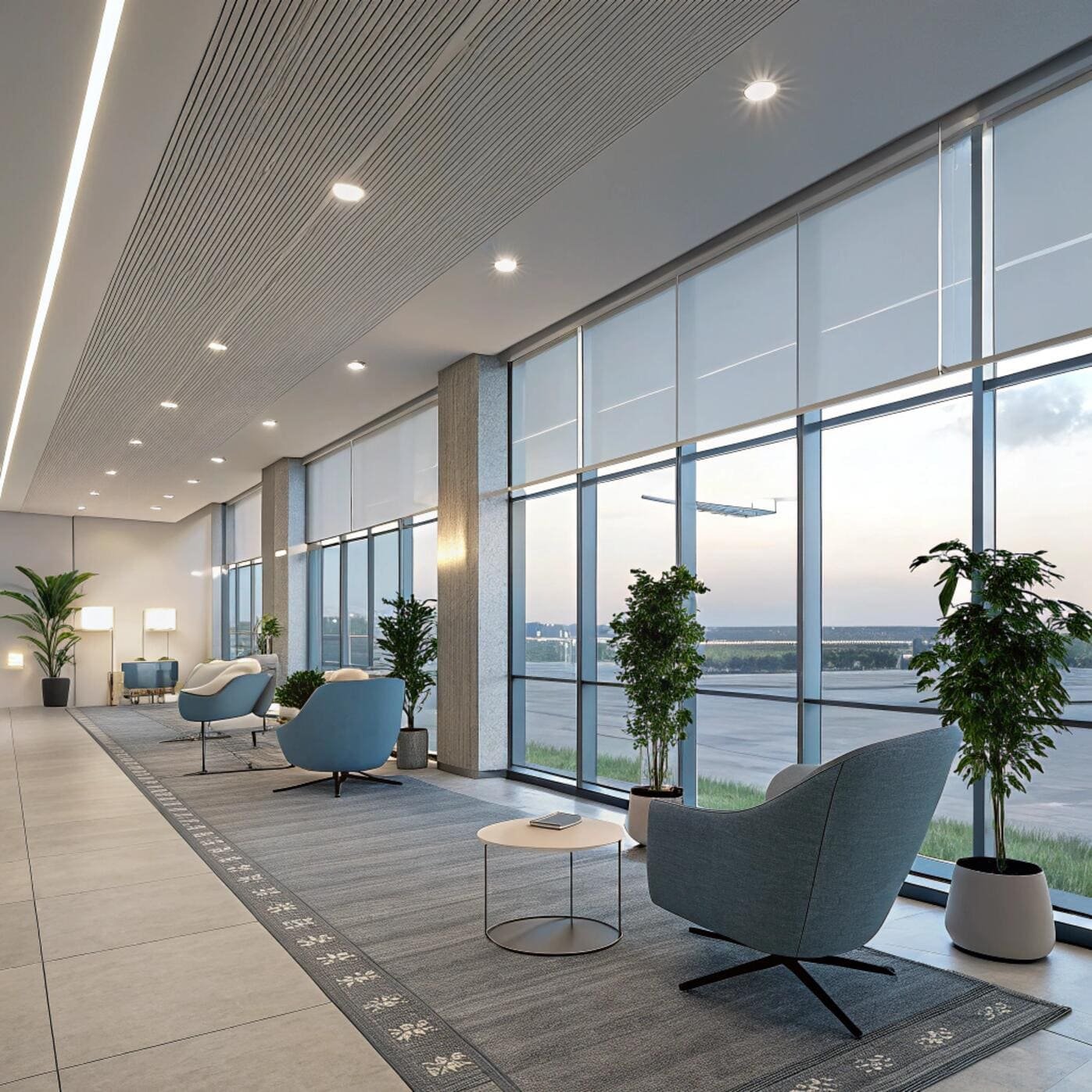 Airport lounge with sleek roller blinds and blue seating