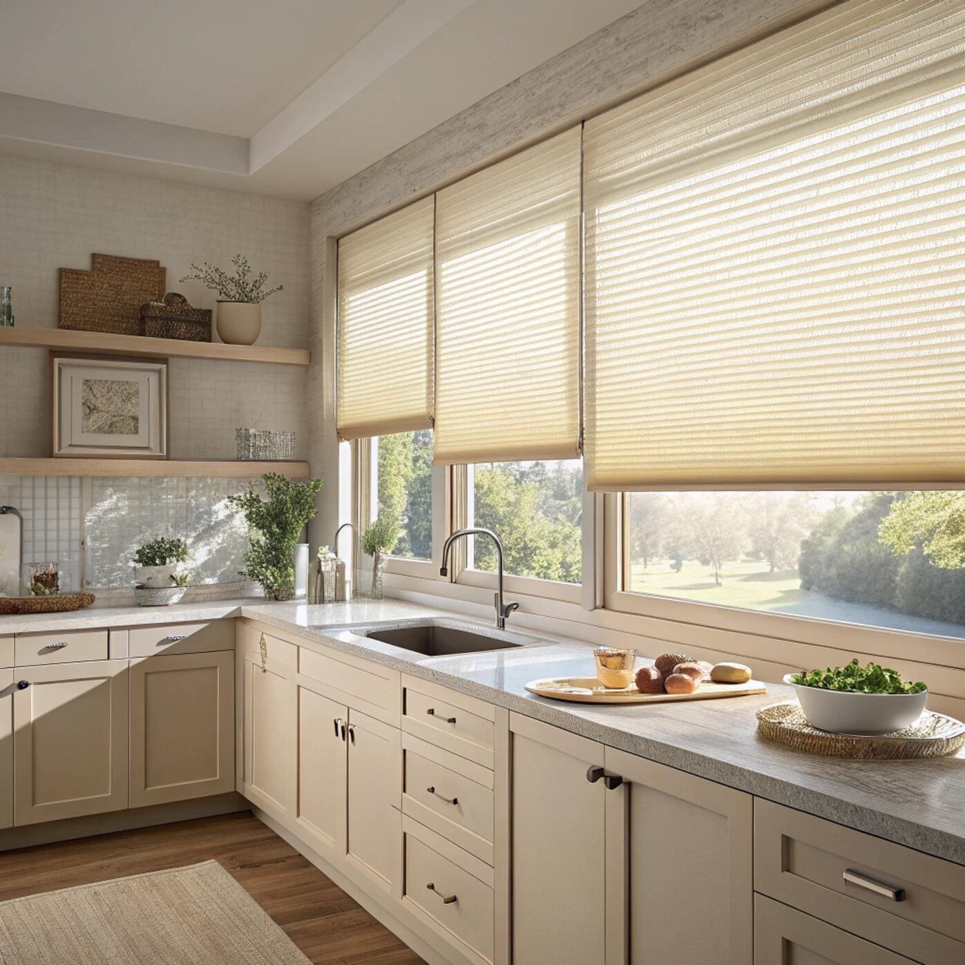 Bright kitchen with beige honeycomb energy-efficient blinds