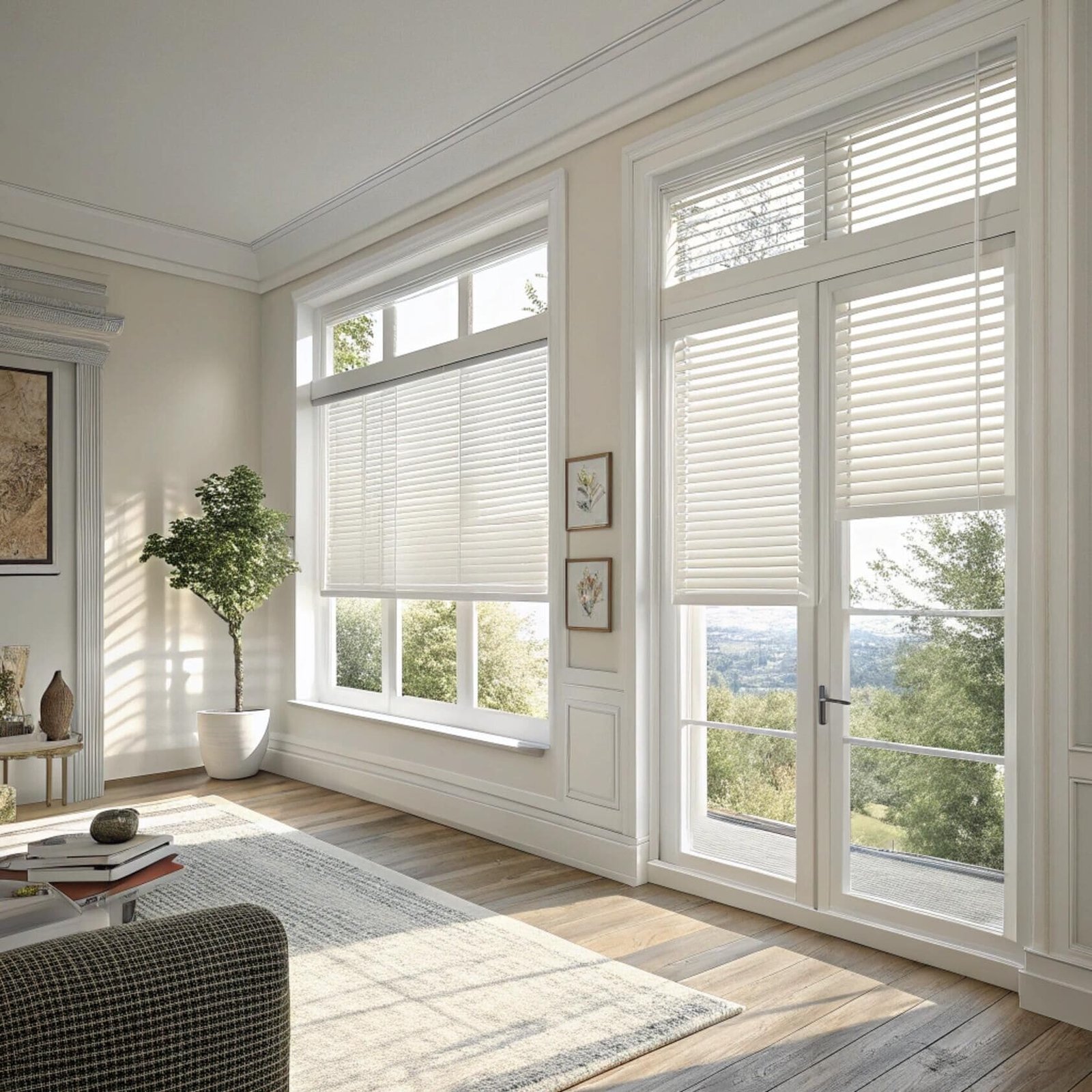alternative text, Bright living room with elegant blinds on large windows